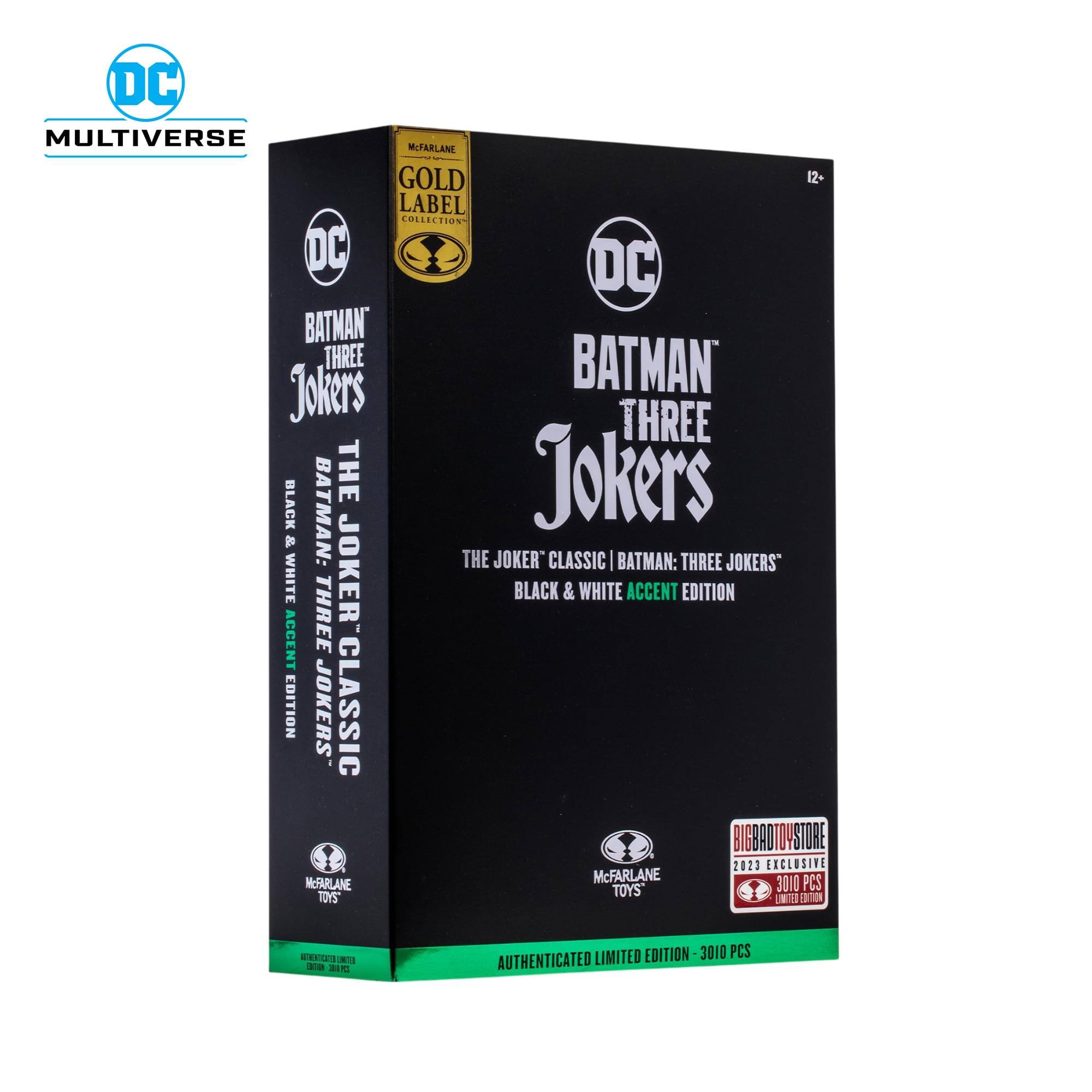DC MULTIVERSE MIPARLANE GOLD 12+ LABEL COLLECTION DC DC BATMAN THREE JOKERS THE JOKER CLASSIC | BATMAN: THREE JOKERS BLACK & WHITE ACCENT EDITION | BATMAN: THREE JOKERS BLACK & WHITE ACCENT EDITION JOKERCLASSIC EDITION 2023 EXCLUSIVE MEFARLANE McFARLANE 3010 PCS AUTHENTICATED LIMITED EDITION