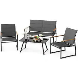 Gymax - 4 Piece Patio Furniture Set Outdoor Metal Conversation Set w/ Padded Fabric Seat - Gray