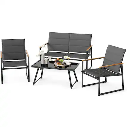 Front. Gymax - Gymax 4 Piece Patio Furniture Set Outdoor Metal Conversation Set w/ Padded Fabric Seat - Gray.