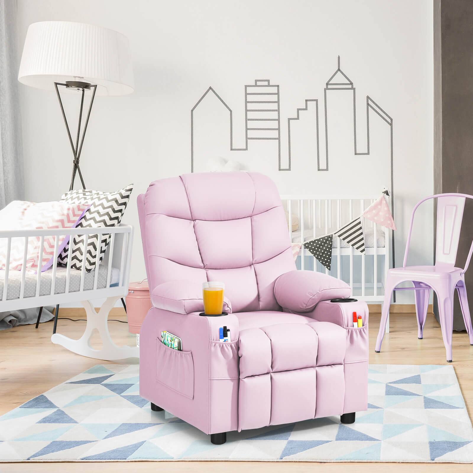 Alt View 1. Costway - Costway Kids Youth Recliner Chair PU Leather with Cup Holders & Side Pockets - Pink.