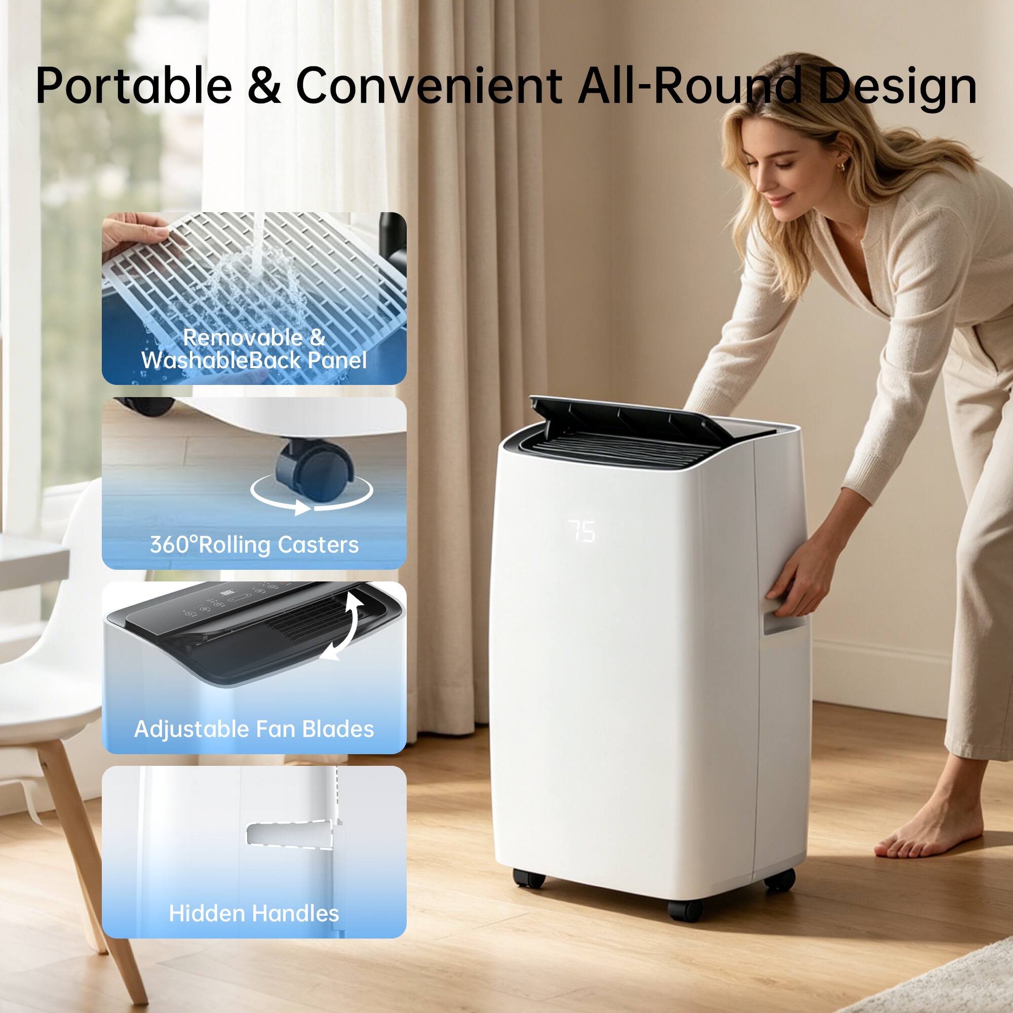 Portable & Convenient All-Round Design

- Removable & Washable Back Panel
- 360° Rolling Casters
- Adjustable Fan Blades
- Hidden Handles
