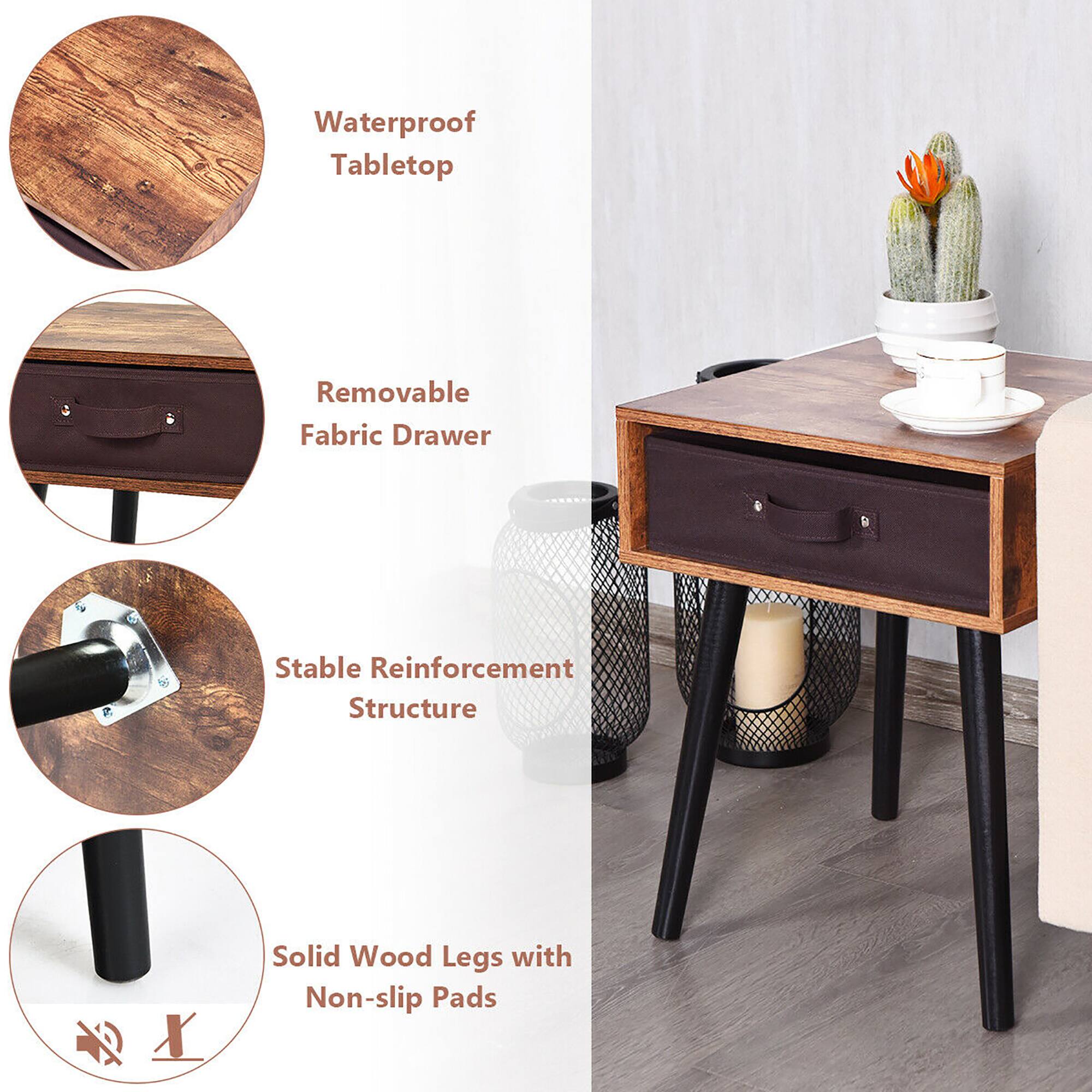 Waterproof Tabletop Removable Fabric Drawer 2 Stable Reinforcement Structure Solid Wood Legs with Non-slip Pads