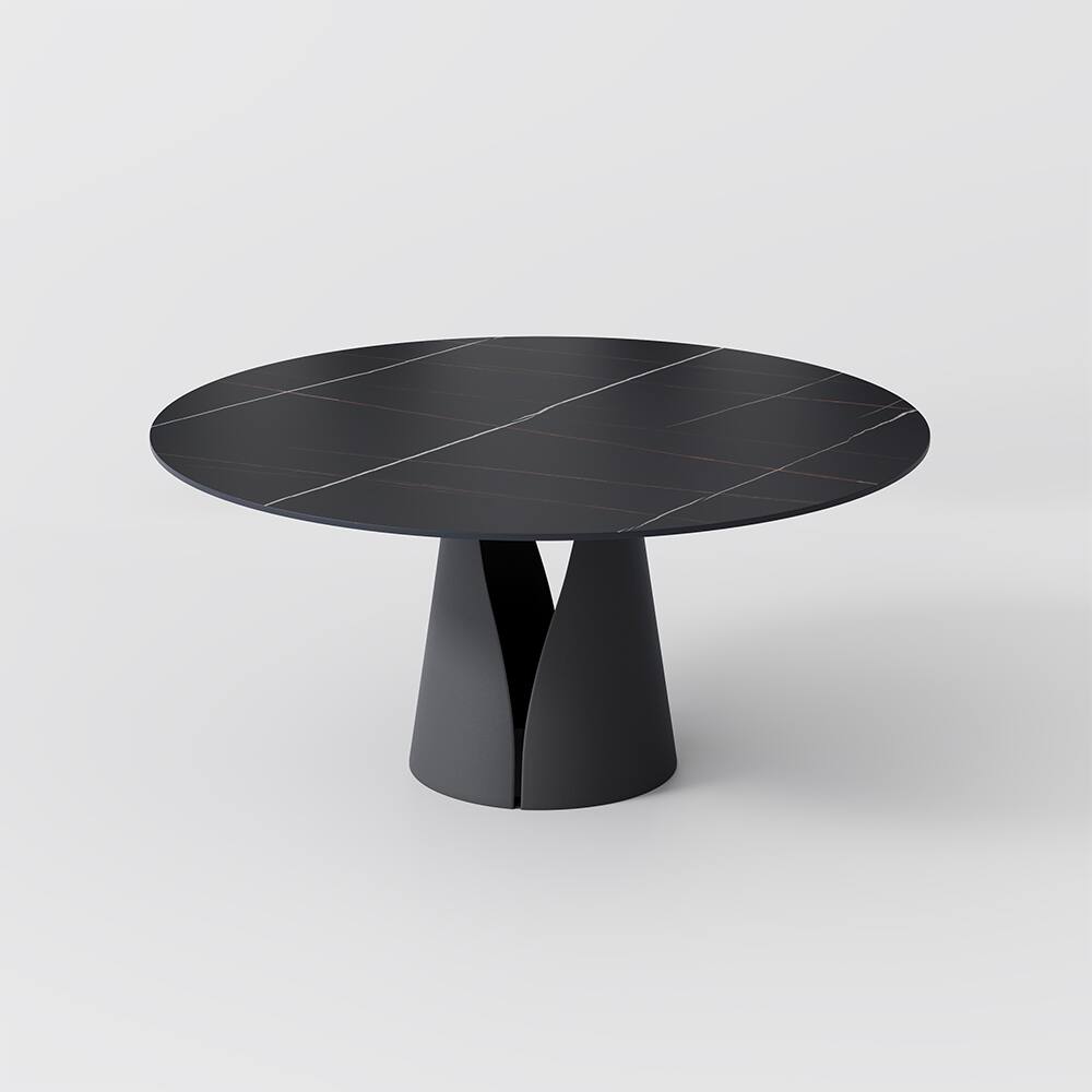 Alt View 4. POVISON - 59" Modern Black Round Dining Table for 6, Matte Sintered Stone Tabletop, Black Carbon Steel Base - Matte Black Sintered Stone & Black Steel Base.