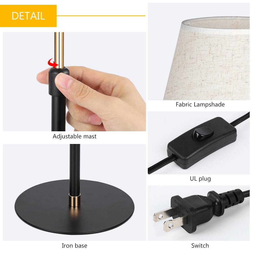 DETAIL  
- Fabric Lampshade  
- Adjustable mast  
- Iron base  
- UL plug  
- Switch