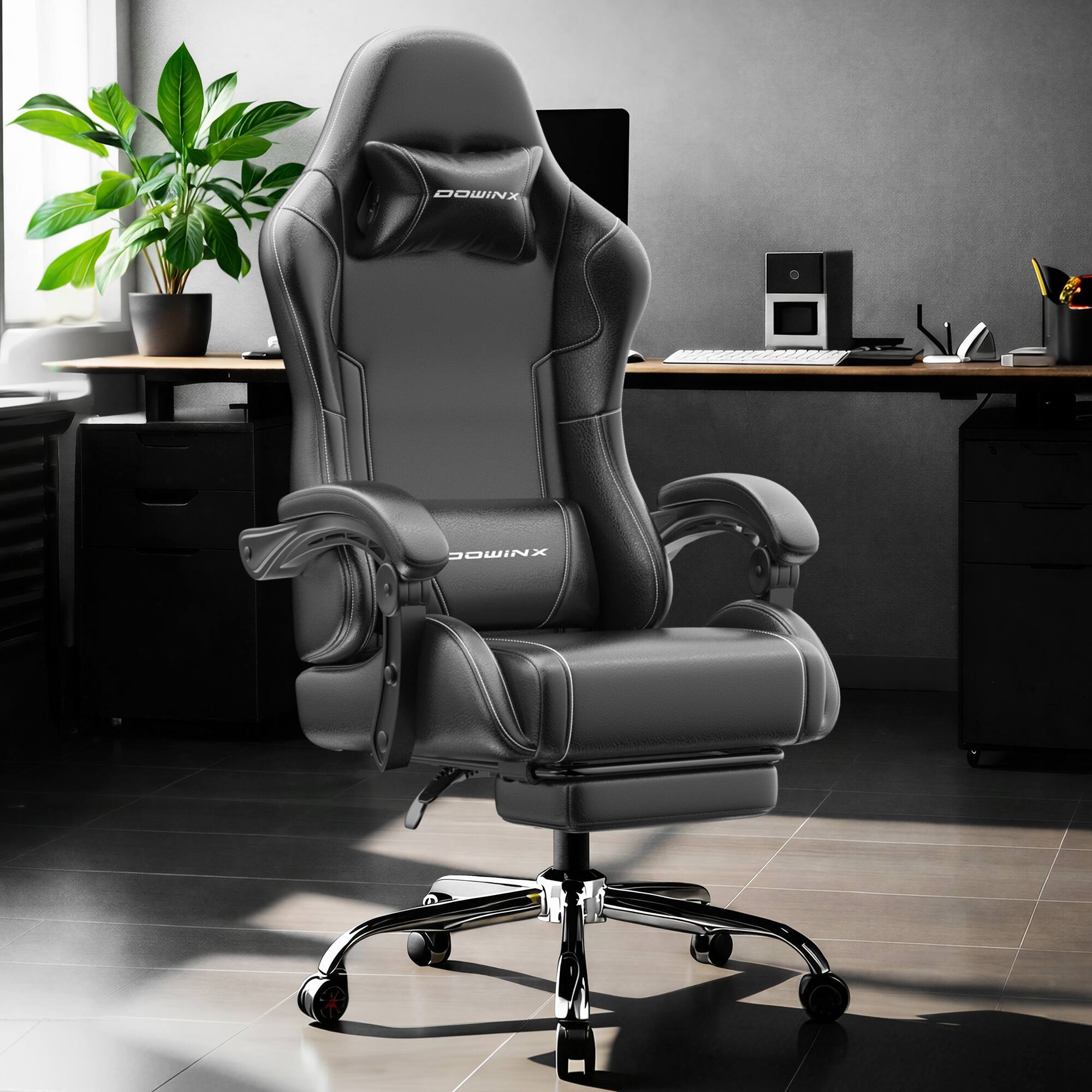 Alt View 3. Dowinx - Ergonomic Gaming Chair with Footrest, Reclining Office Chair with Massage Lumbar Support & Adjustable Headrest for Adult - Black.