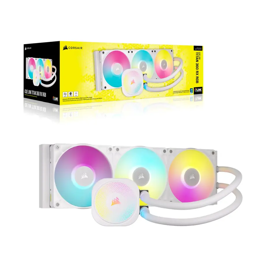 The image features a box containing three Corsair Titan 360 RGB fans. The fans are designed to provide efficient cooling and are equipped with colorful LED lights that create a visually appealing effect. The fans are connected to a controller, which allows users to customize the lighting patterns and adjust the fan speed. The box also includes a user manual, which provides instructions on how to set up and use the fans.