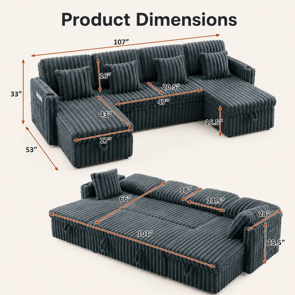 Product Dimensions: 107" x 33" x 16" x 43" x 20.5" x 47" x 16.5" x 53" x 27" x 66" x 18" x 24.5" x 28" x 101" x 25.5"