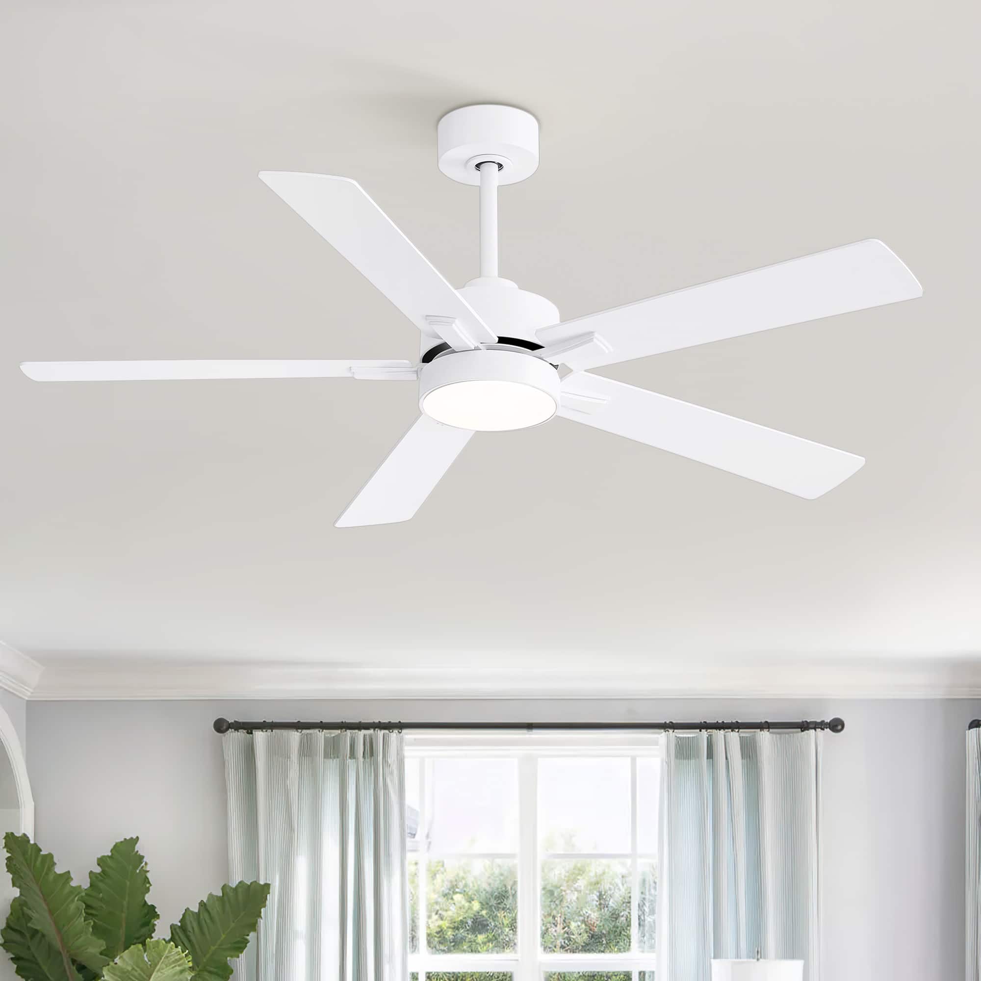 Breezary - 52" Modern Indoor Ceiling Fan with LED Light, 5 Reversible Plywood Blades, 6-Speed DC Motor, Remote, Timer, 5" Downrod - White