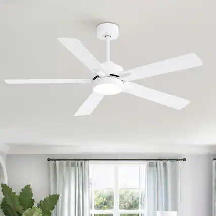 Front. Breezary - 52" Modern Indoor Ceiling Fan with LED Light, 5 Reversible Plywood Blades, 6-Speed DC Motor, Remote, Timer, 5" Downrod - White.