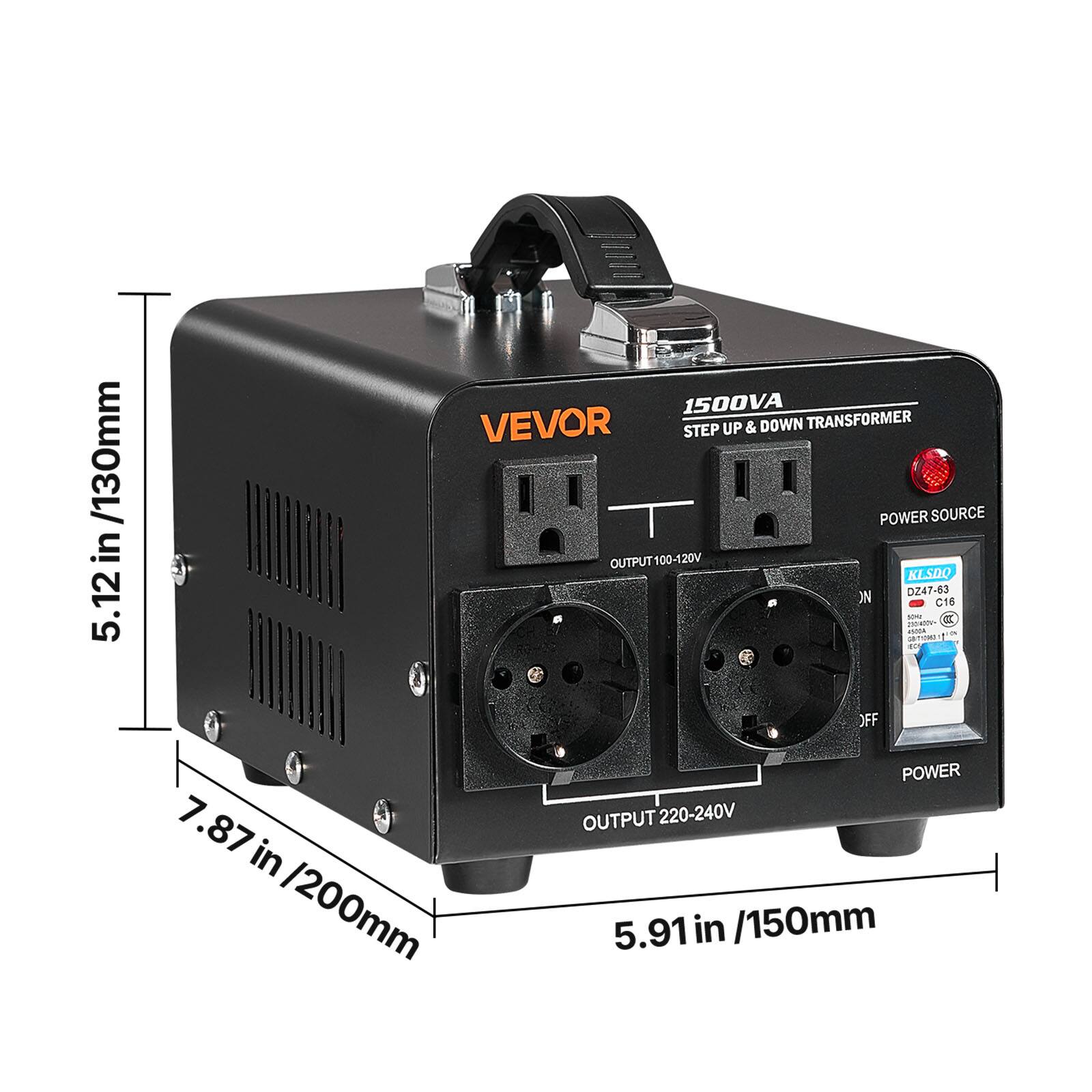 1500VA VEVOR STEP UP & DOWN TRANSFORMER A 8 POWER SOURCE OUTPUT 100-120V KLSDQ ON DZ47-63 C16 10 a 230-400V- 4500A ED OFF POWER 7.87 OUTPUT 220-240V

Dimensions:
- Height: 5.12 in / 130mm
- Width: 5.91 in / 150mm
- Depth: 7.87 in / 200mm