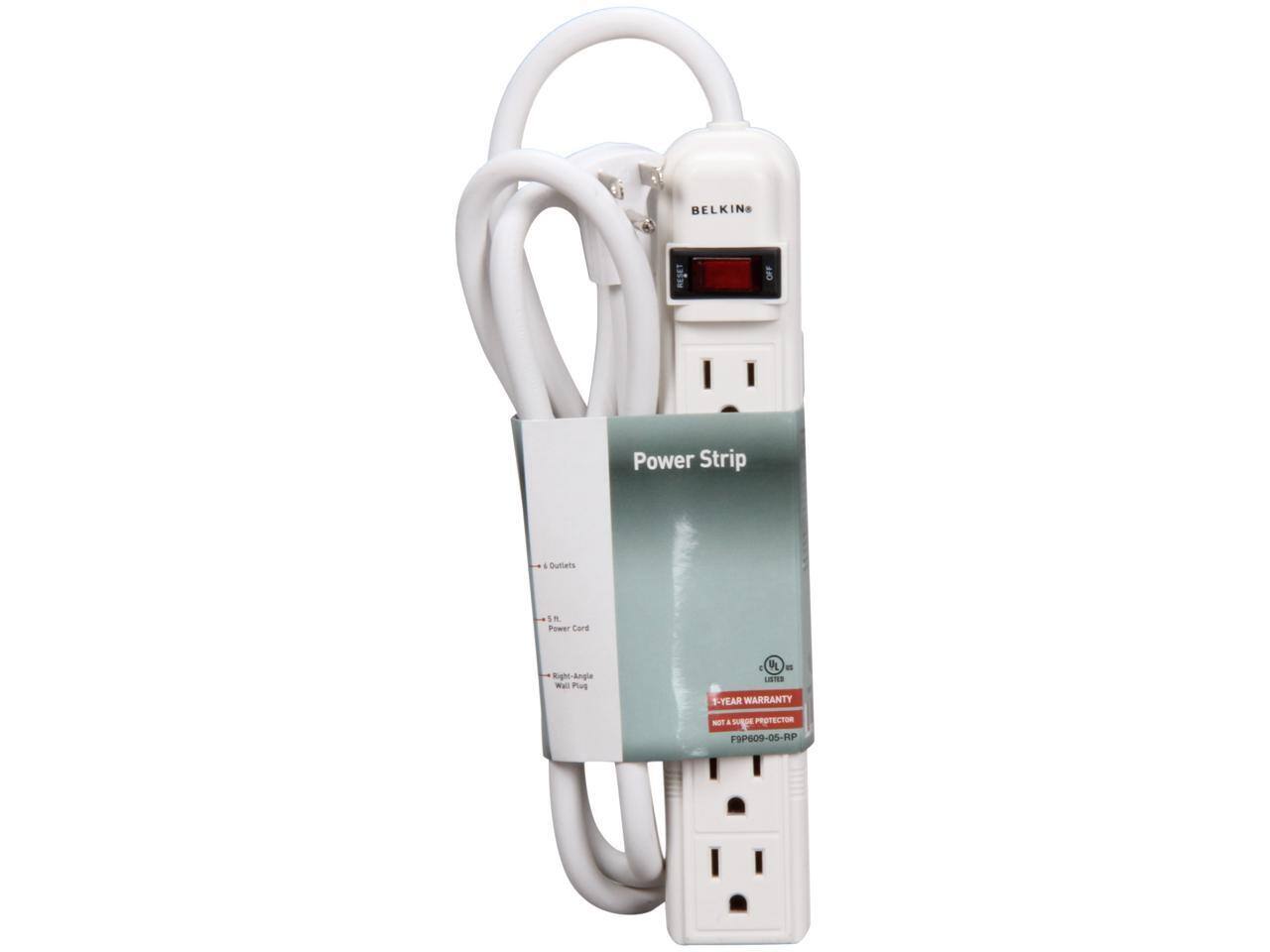 BELKIN Power Strip  
- 6 Outlets  
- 5 ft. Power Cord  
- Right-Angle Wall Plug  
- 1-YEAR WARRANTY  
- NOT A SURGE PROTECTOR  
- F9P609-05-RP