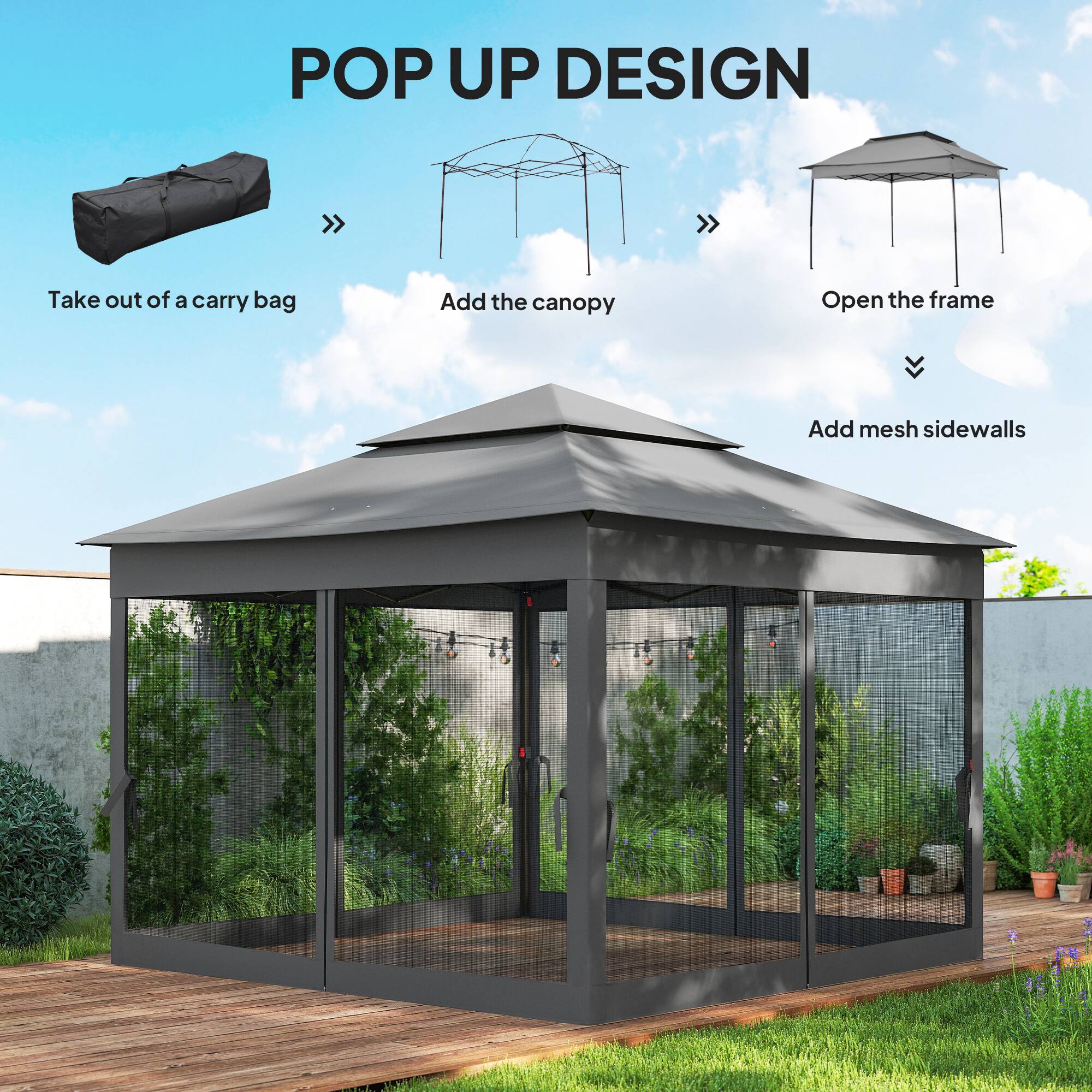 POP UP DESIGN

- Take out of a carry bag
- Add the canopy
- Open the frame
- Add mesh sidewalls