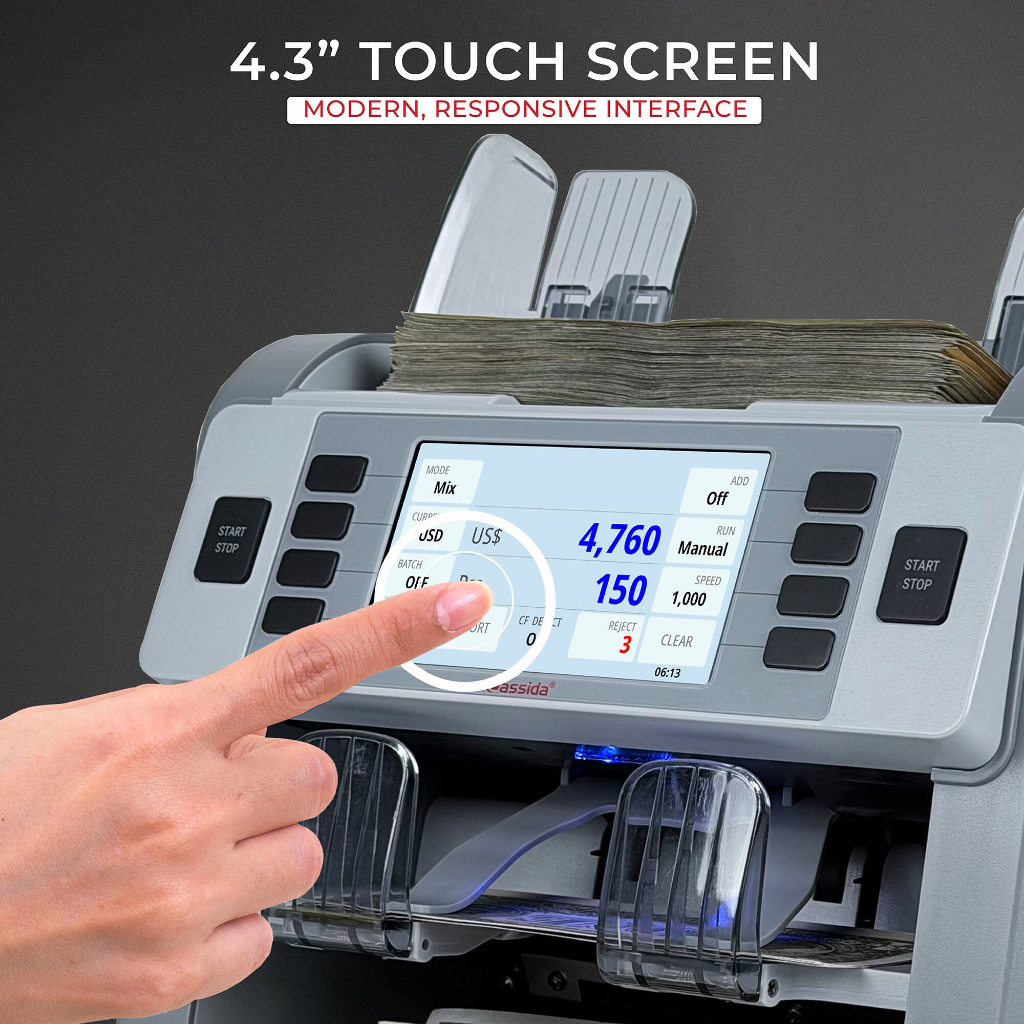 4.3" TOUCH SCREEN MODERN, RESPONSIVE INTERFACE

START STOP

MODE ADD Mix Off CURPO JSD US$ RUN 4,760 Manual BATCH OFF SPEED 150 1,000 CF DE ET RT REJECT 0 3 CLEAR 06:13 assida

START STOP