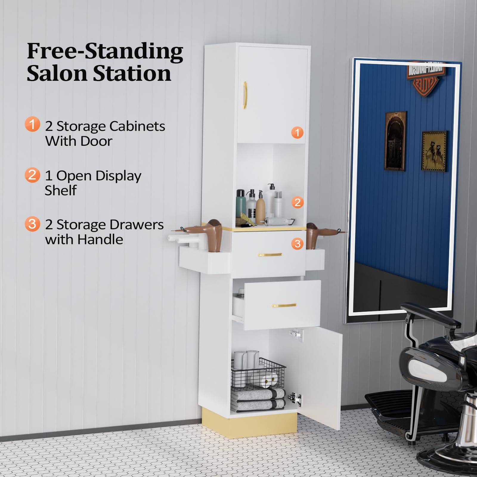 Free-Standing Salon Station

1. 2 Storage Cabinets With Door
2. 1 Open Display Shelf
3. 2 Storage Drawers with Handle