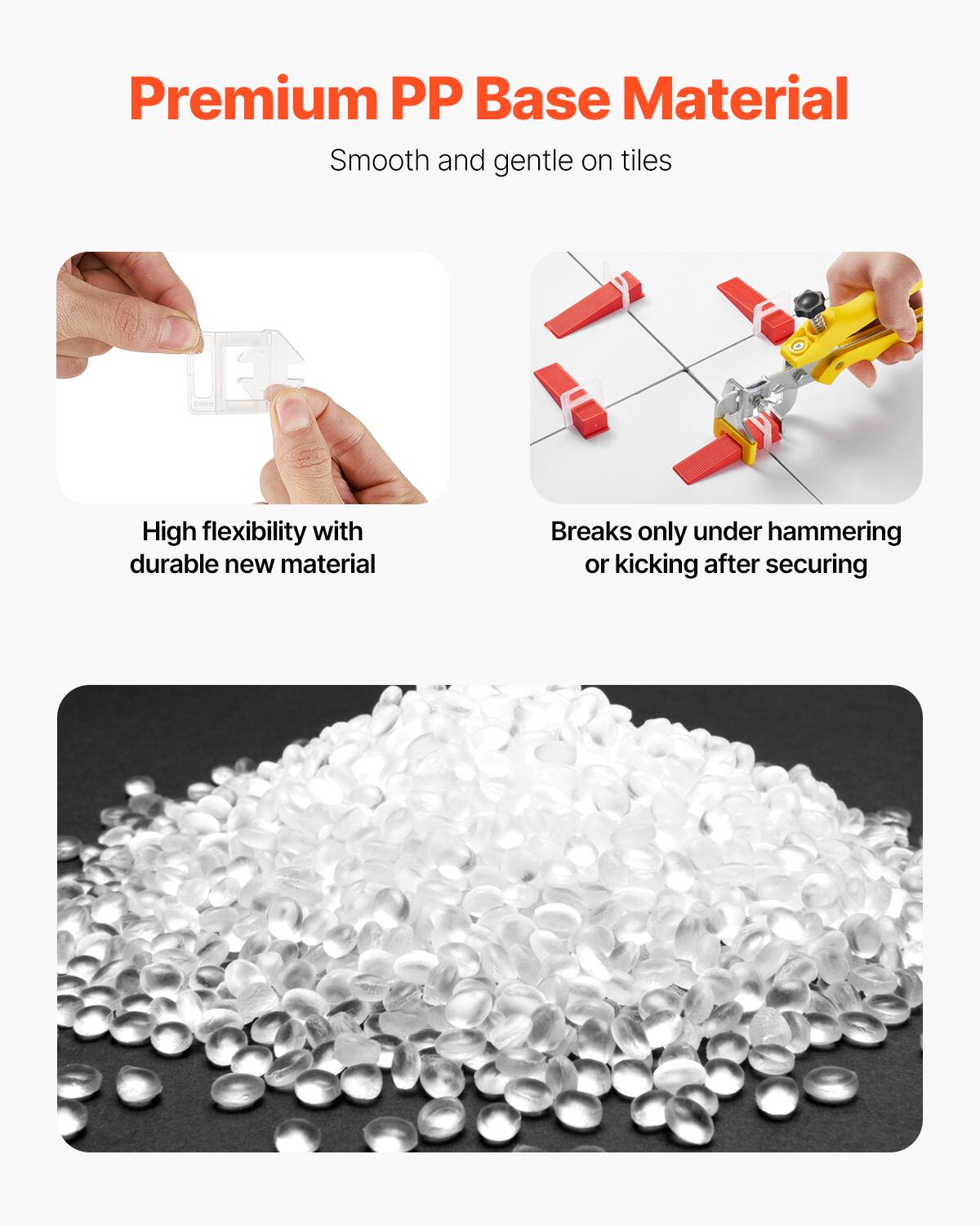 Premium PP Base Material  
Smooth and gentle on tiles  

High flexibility with durable new material  

Breaks only under hammering or kicking after securing