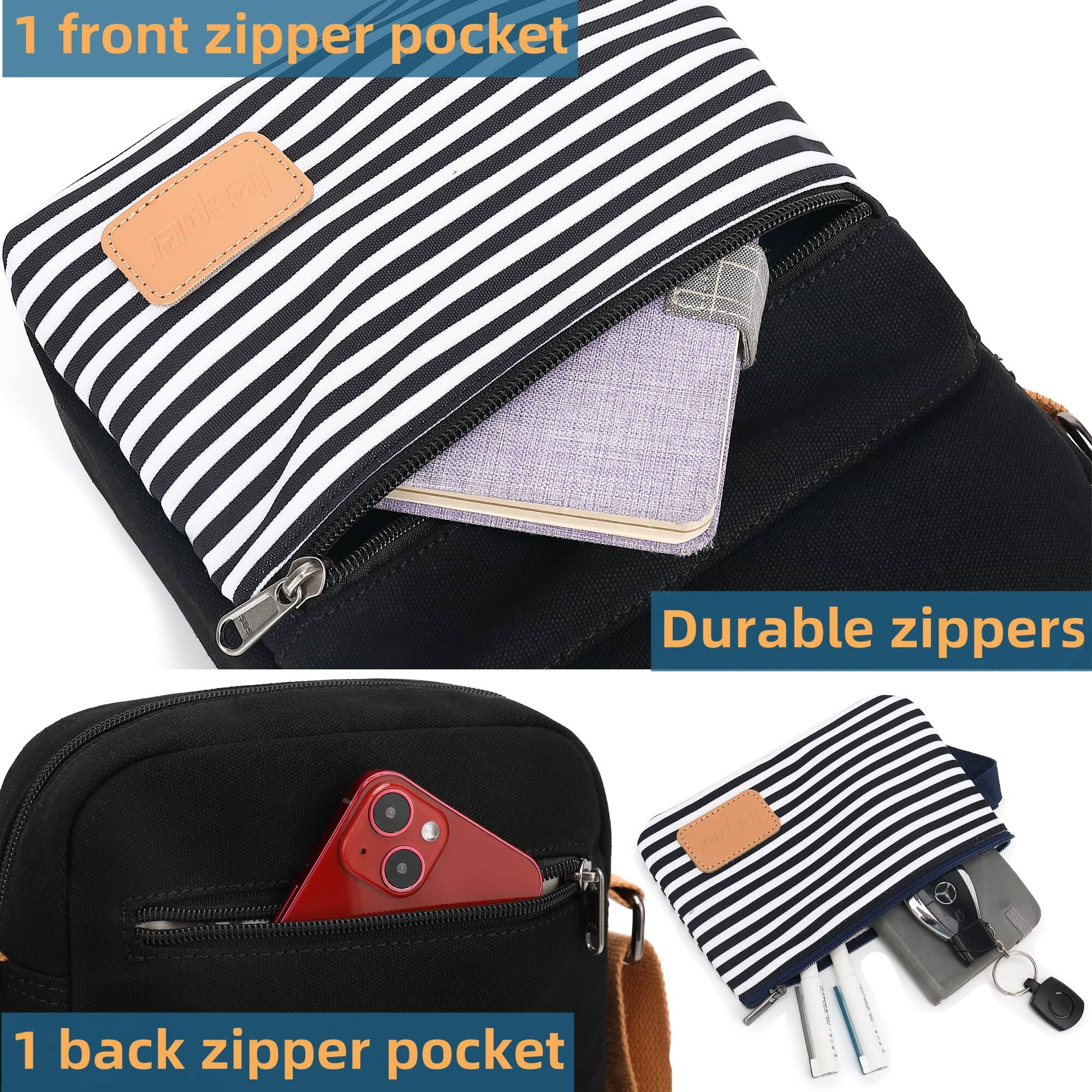 1 front zipper pocket  
Durable zippers  
1 back zipper pocket