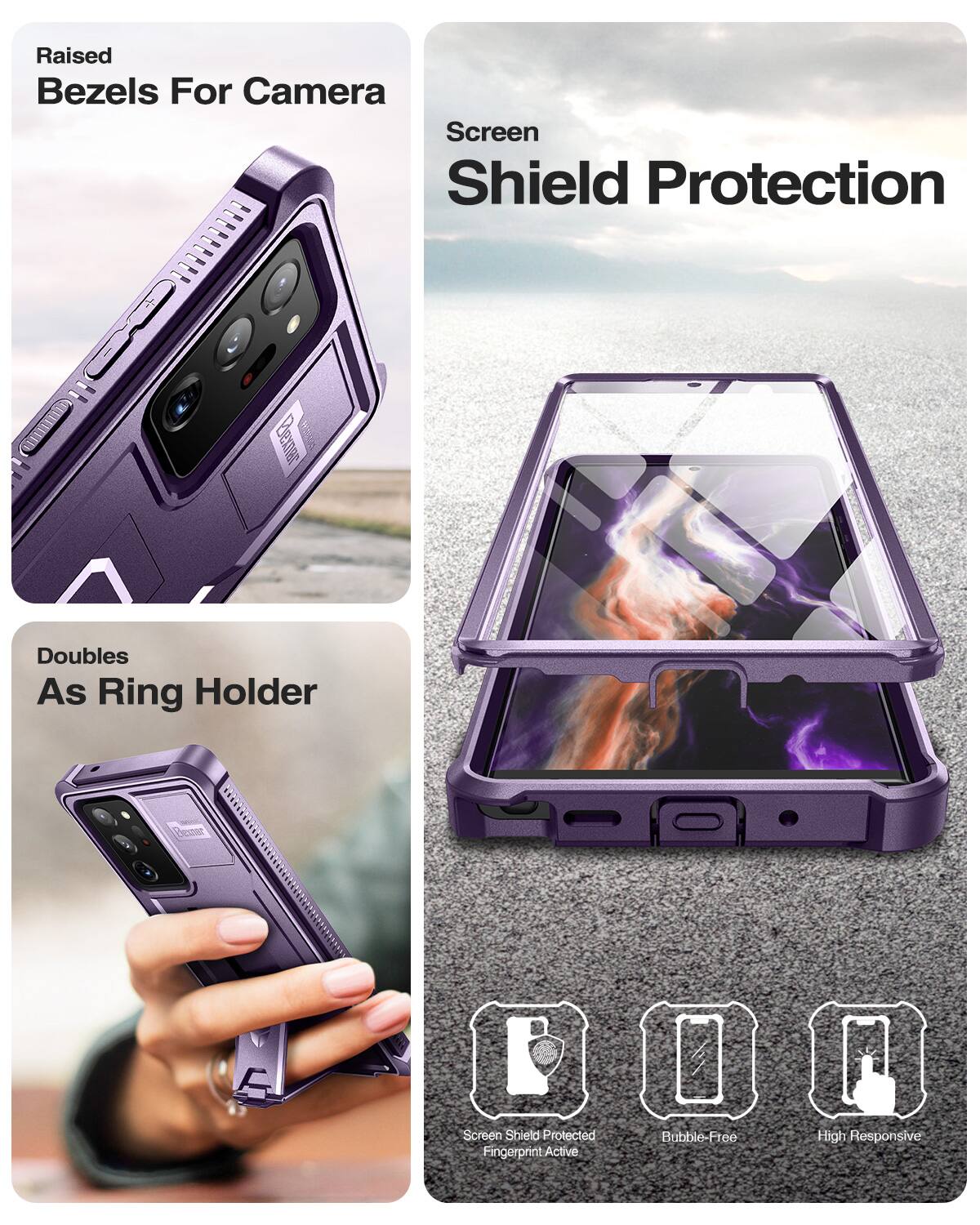 Raised Bezels For Camera, Screen Shield Protection, Doubles As Ring Holder, Screen Shield Protected, Fingerprint Active, Bubble-Free, High Responsive