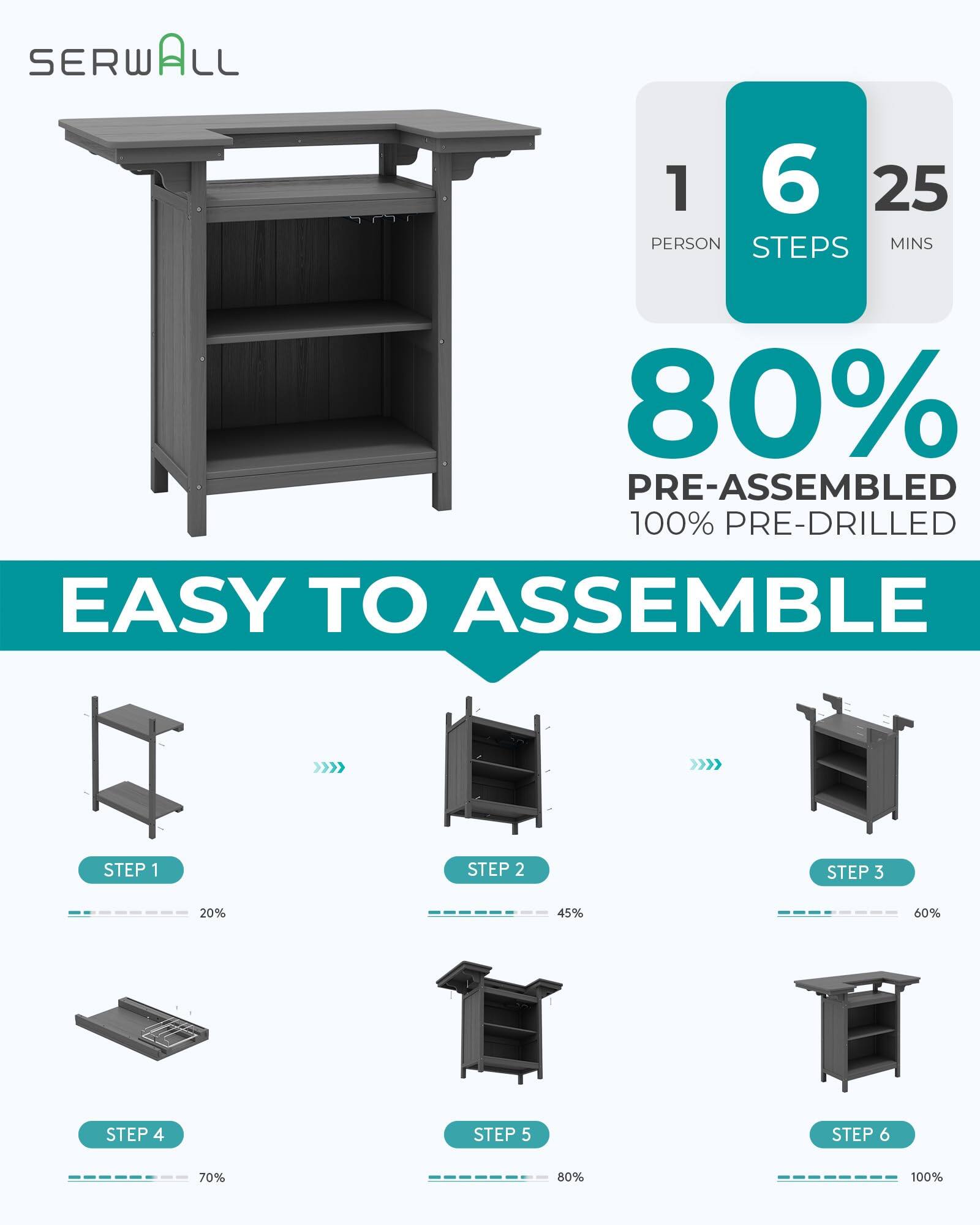 SERWALL

1 PERSON 6 STEPS 25 MINS

80% PRE-ASSEMBLED 100% PRE-DRILLED EASY TO ASSEMBLE

STEP 1 20%
STEP 2 45%
STEP 3 60%
STEP 4 70%
STEP 5 80%
STEP 6 100%
