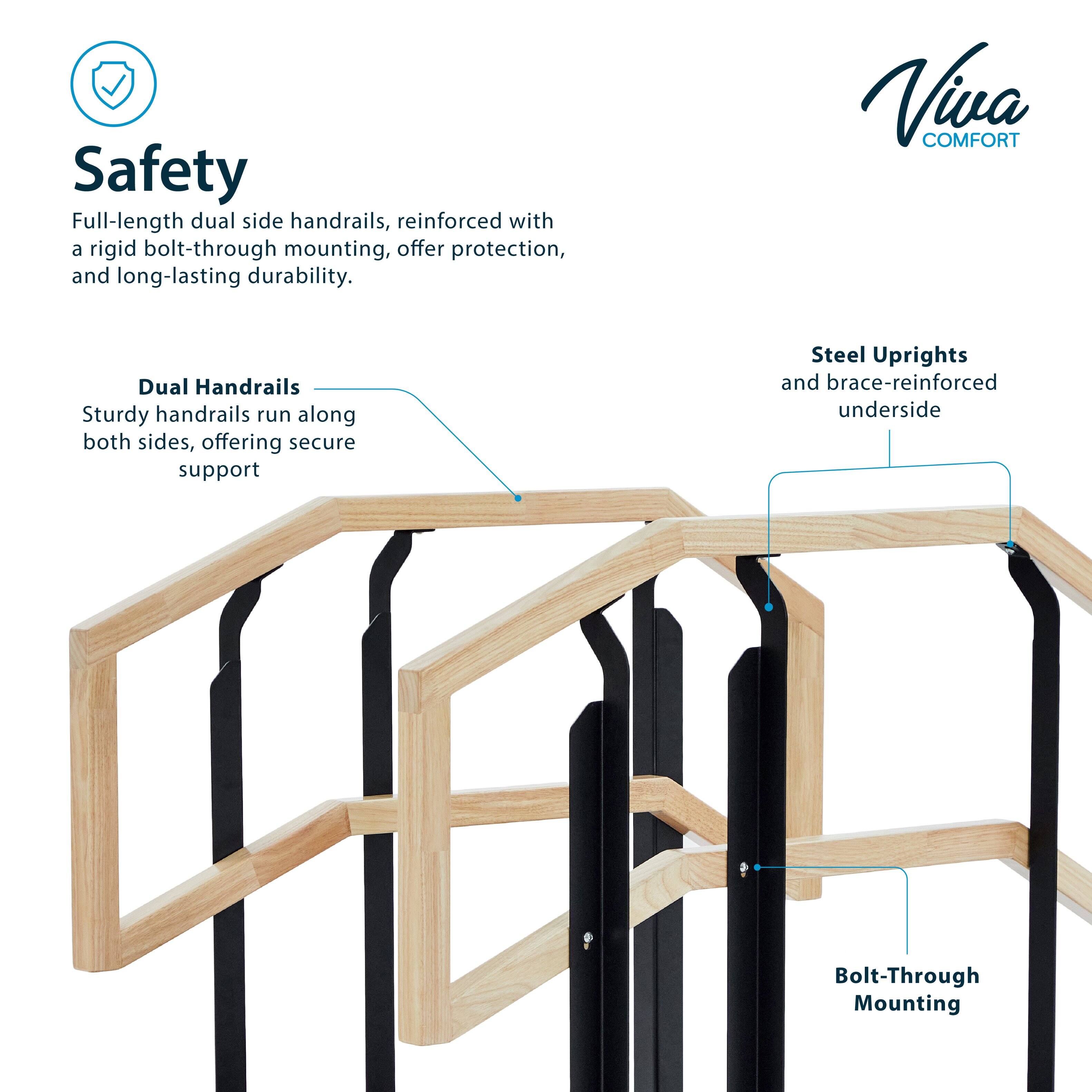 Safety  
Full-length dual side handrails, reinforced with a rigid bolt-through mounting, offer protection and long-lasting durability.

Dual Handrails  
Sturdy handrails run along both sides, offering secure support.

Steel Uprights  
and brace-reinforced underside

Bolt-Through Mounting