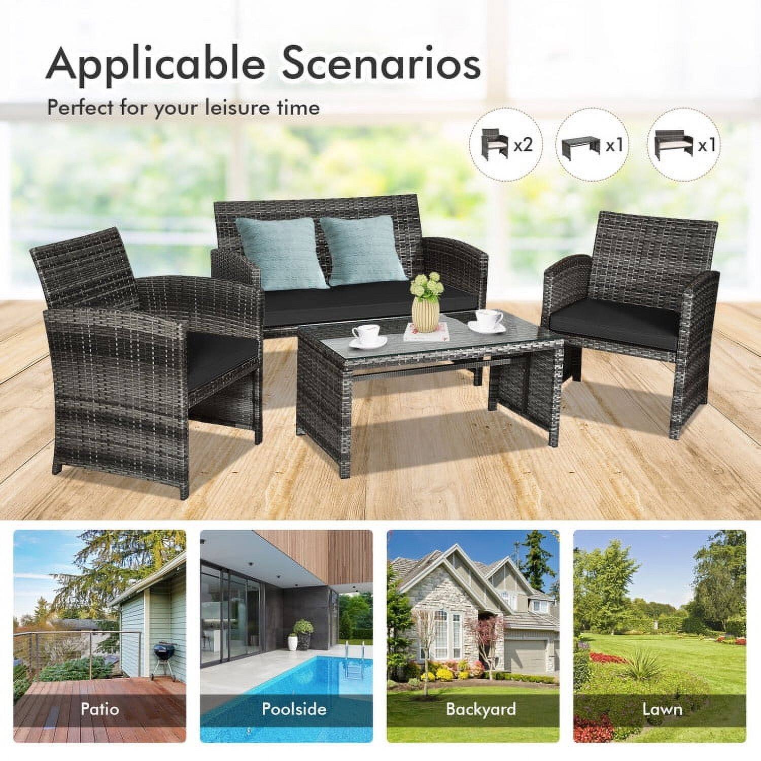 Applicable Scenarios  
Perfect for your leisure time  

- Patio  
- Poolside  
- Backyard  
- Lawn  

x2 Chairs  
x1 Sofa  
x1 Coffee Table