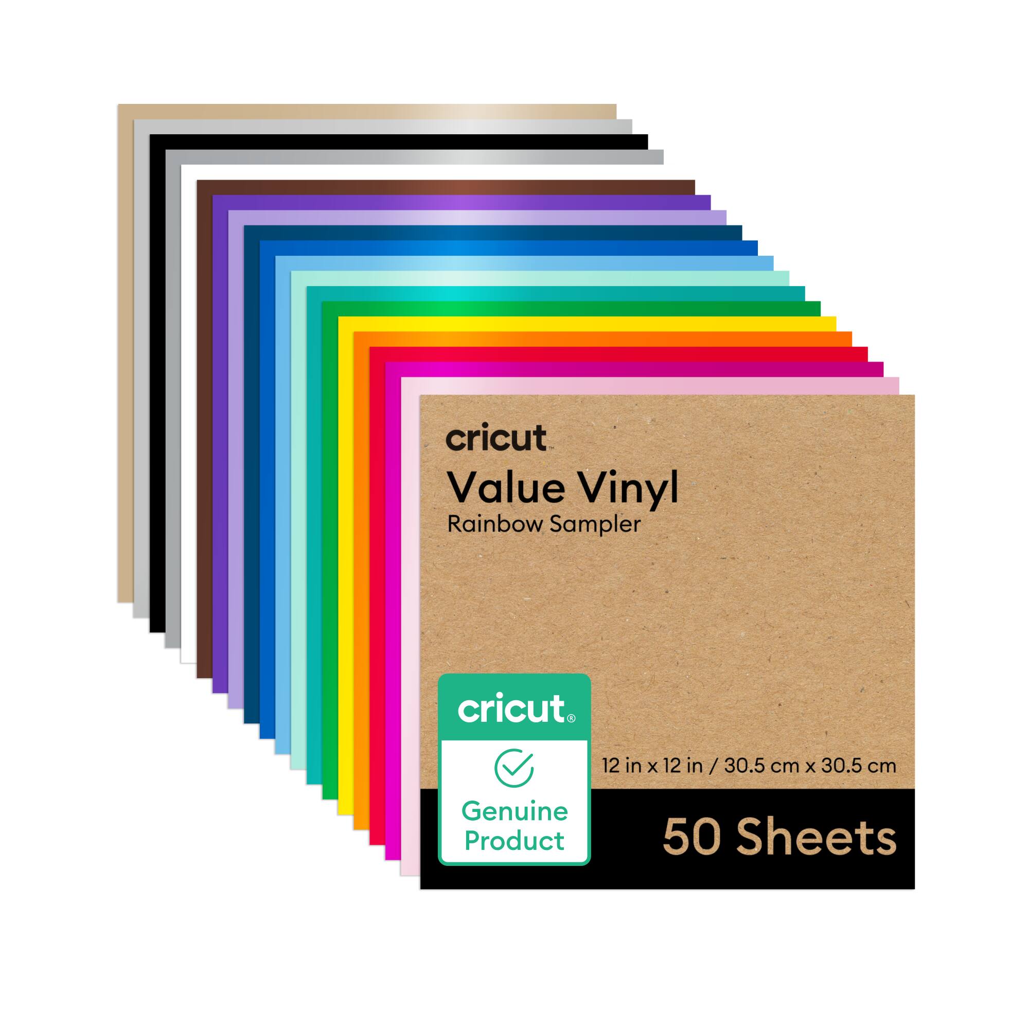 cricut Value Vinyl Rainbow Sampler  
12 in x 12 in / 30.5 cm x 30.5 cm  
Genuine Product  
50 Sheets
