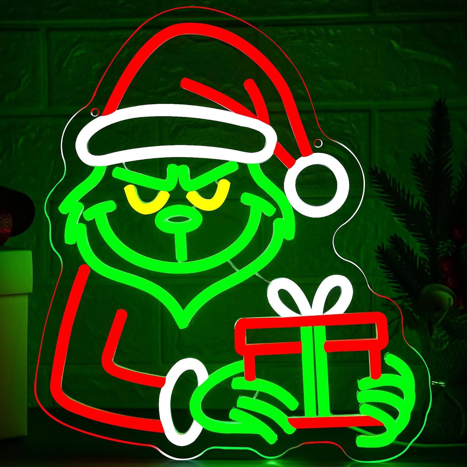 Angle. PARKER SLATER - Christmas Neon Sign – Dimmable LED Wall Light for Holiday Decor - green and red.