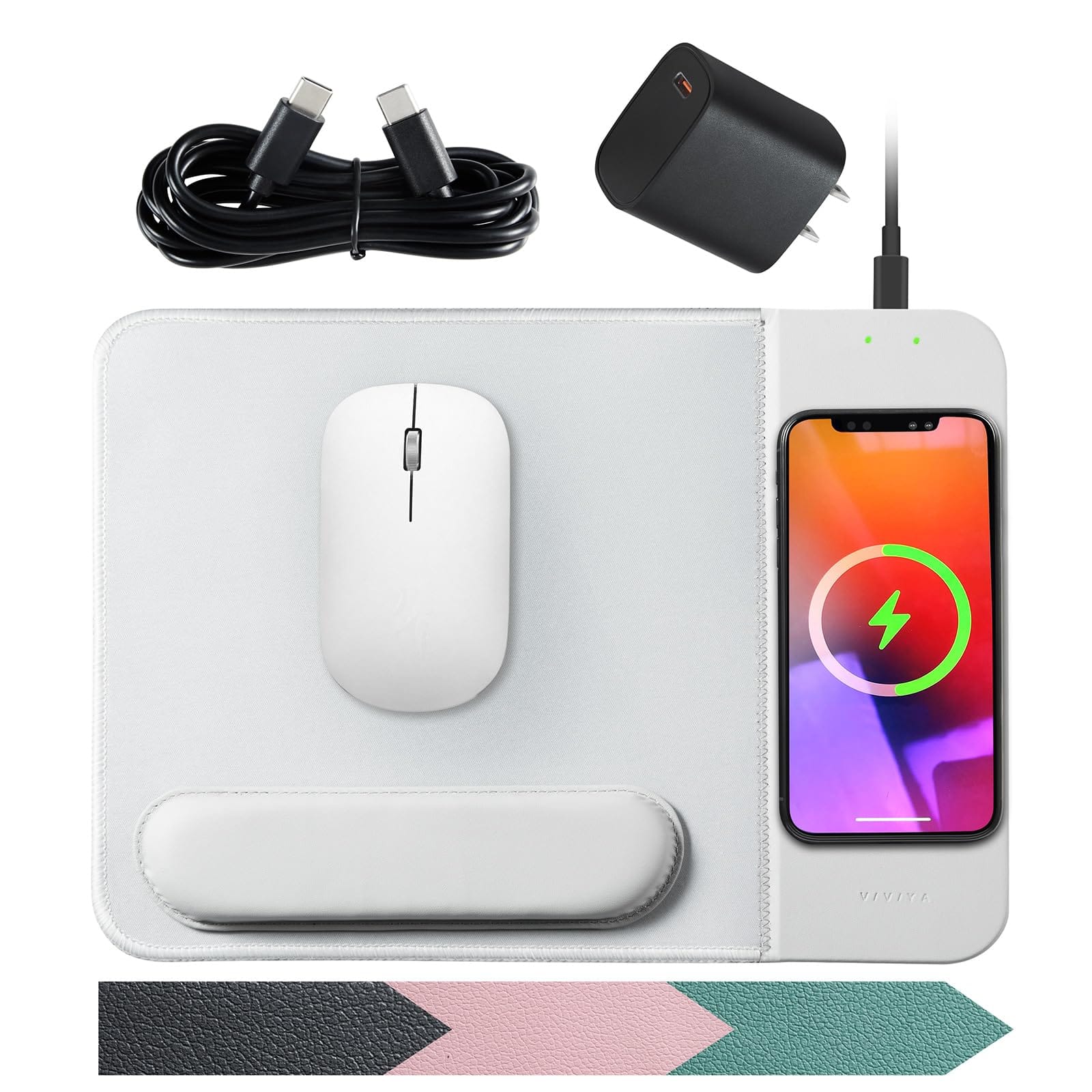 Earthley Blooms - 15w Wireless Charging Mouse Pad With Detachable Wrist Support And 20w Power Adapter Fast Qi Phone Mat For - Grey-With PD