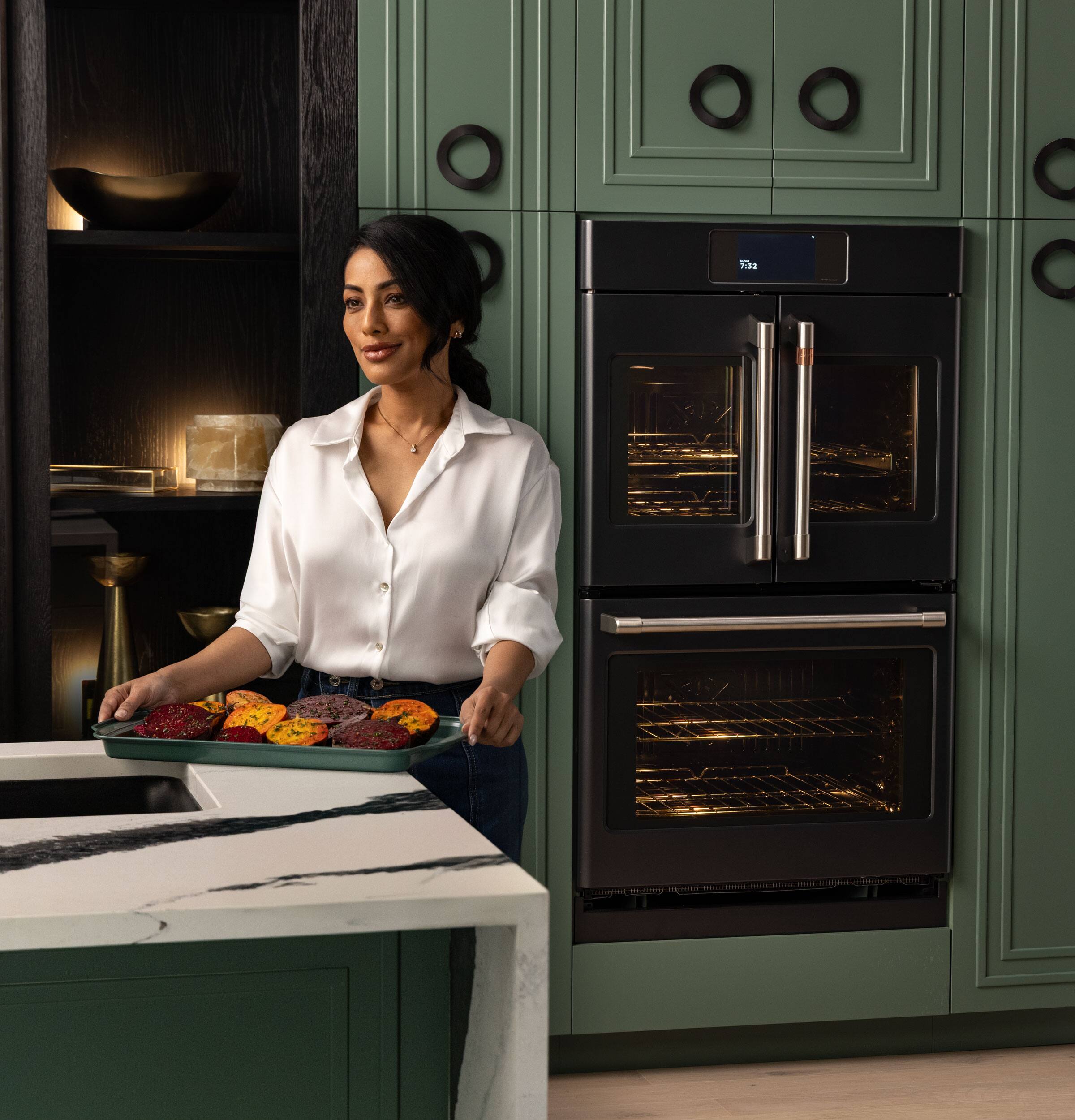 Alt View 17. Café - 30" Smart Built-In Double Electric Convection French Door Wall Oven with No Preheat Air Fry - Matte Black.
