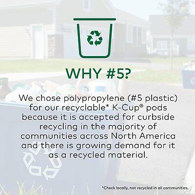 WHY #5?

We chose polypropylene (#5 plastic) for our recyclable* K-Cup® pods because it is accepted for curbside recycling in the majority of communities across North America and there is growing demand for it as a recycled material.

*Check locally, not recycled in all communities.