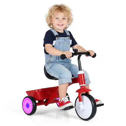 Front. Gymax - Gymax Toddler Tricycle w/Glowing Wheels 4-Level Adjustable Seat Storage Bin & Pedals - Red.