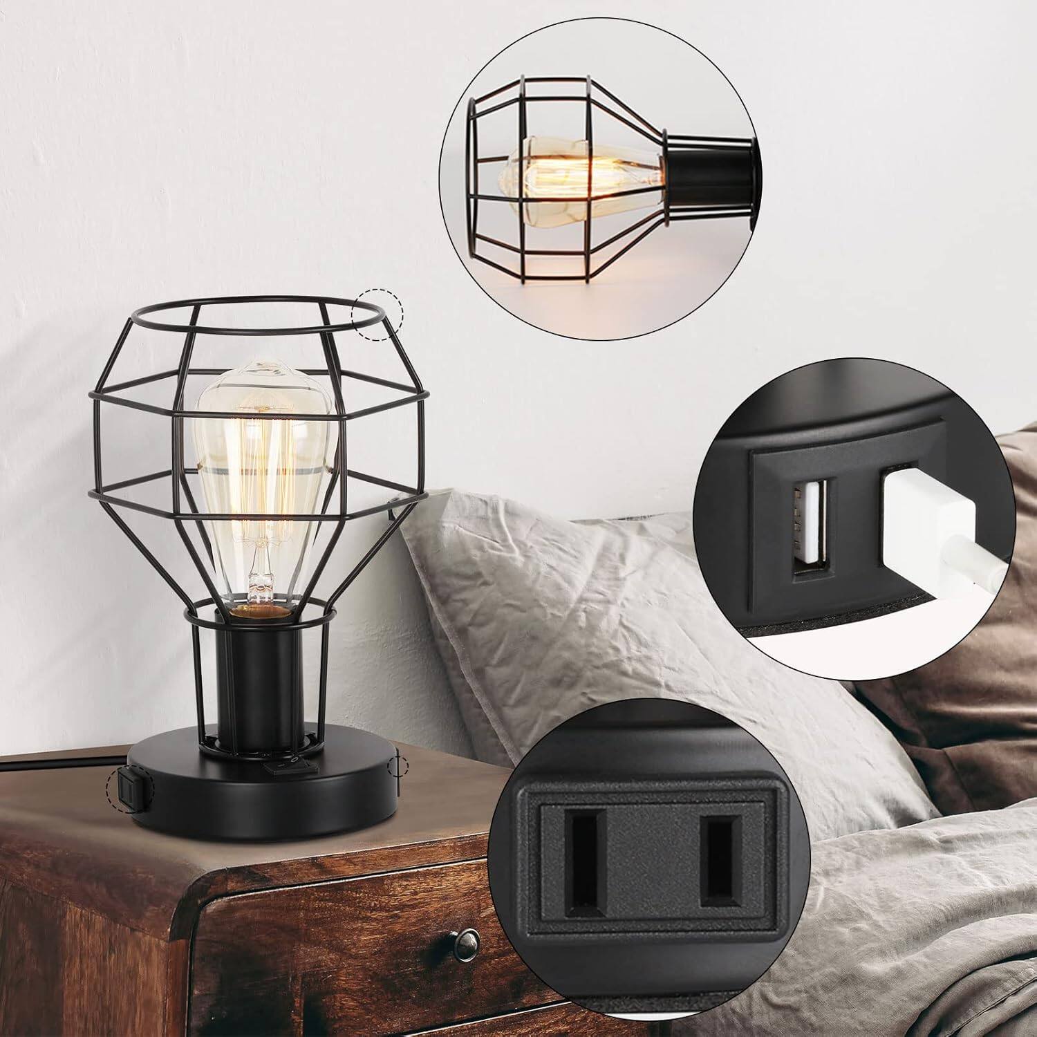 Left. Oumilen - Industrial Metal Cage Table Lamp with Dual USB Ports & Power Outlet, E26 Socket, 8.66in Tall for Bedroom Living Room.