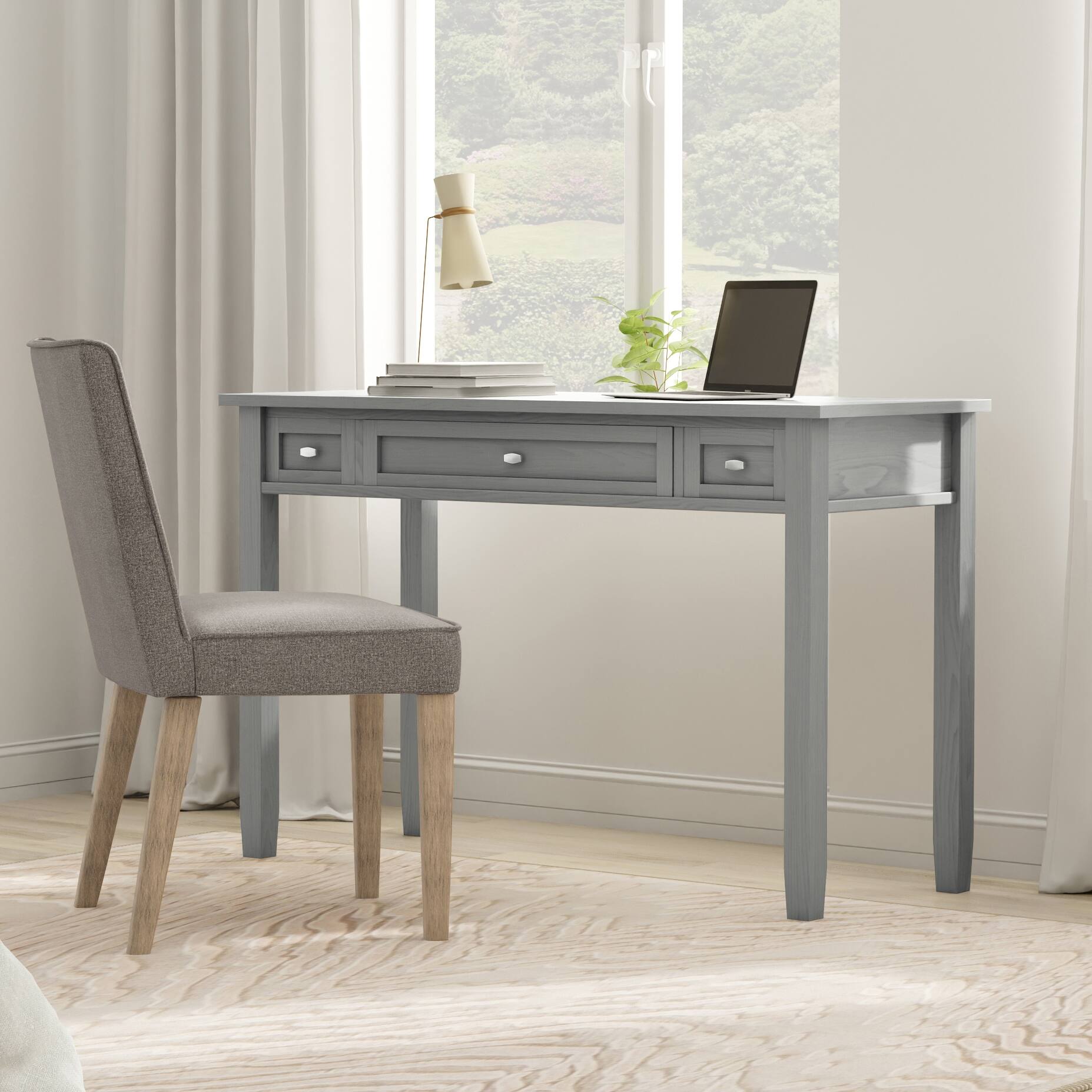 Angle. Simpli Home - Warm Shaker 48 inch Wide Solid Wood Desk in Fog Grey - Fog Grey.