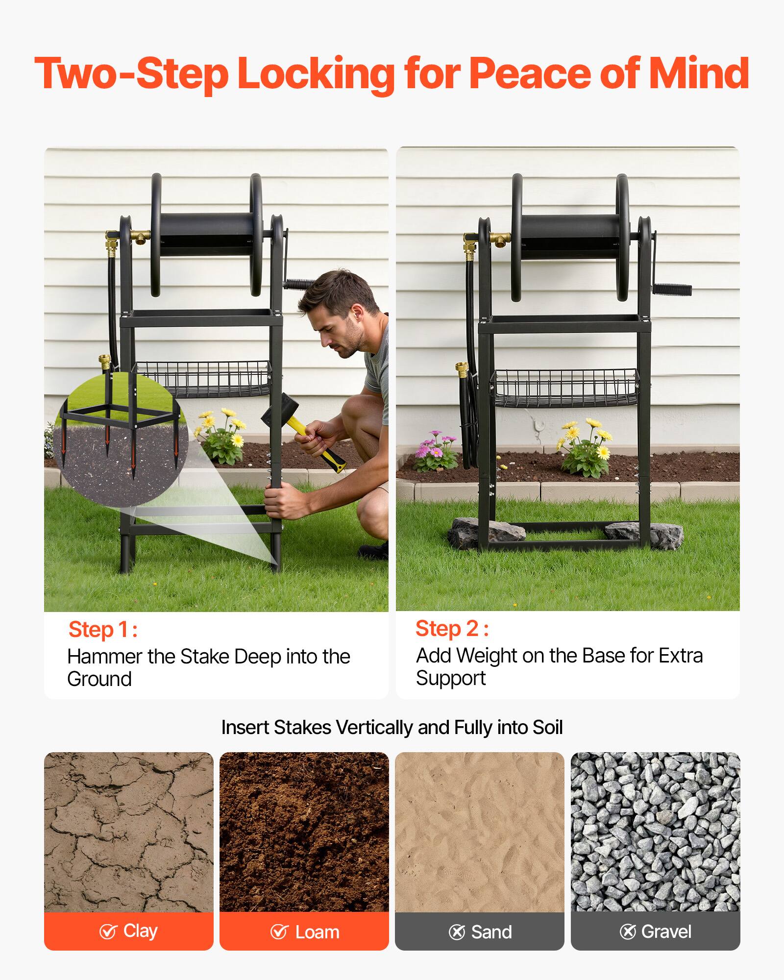 Two-Step Locking for Peace of Mind

Step 1: Hammer the Stake Deep into the Ground

Step 2: Add Weight on the Base for Extra Support

Insert Stakes Vertically and Fully into Soil

Clay ✓
Loam ✓
Sand ✗
Gravel ✗