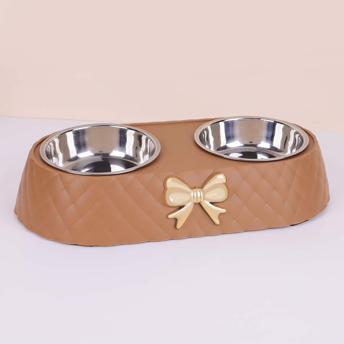 Supet - Bow Stainless Steel Cat Double Bowl - Brown