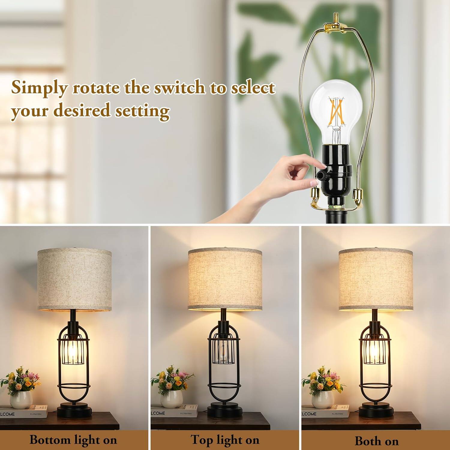 Simply rotate the switch to select your desired setting

Bottom light on

Top light on

Both on