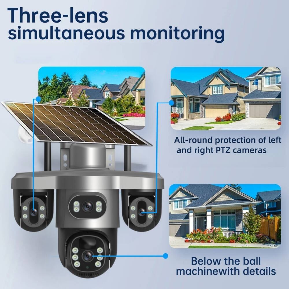 Three-lens simultaneous monitoring

- All-round protection of left and right PTZ cameras
- Below the ball machine with details