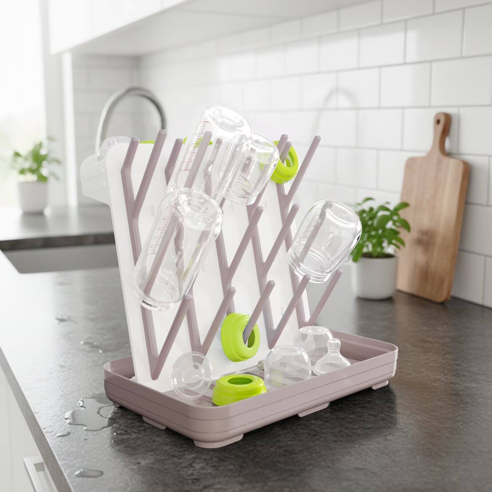 Angle. Tooloton - Bottle Drying Rack with 20 Hooks, Vertical Space Saving Countertop Bottle Holder Organizer, Taupe - Taupe.