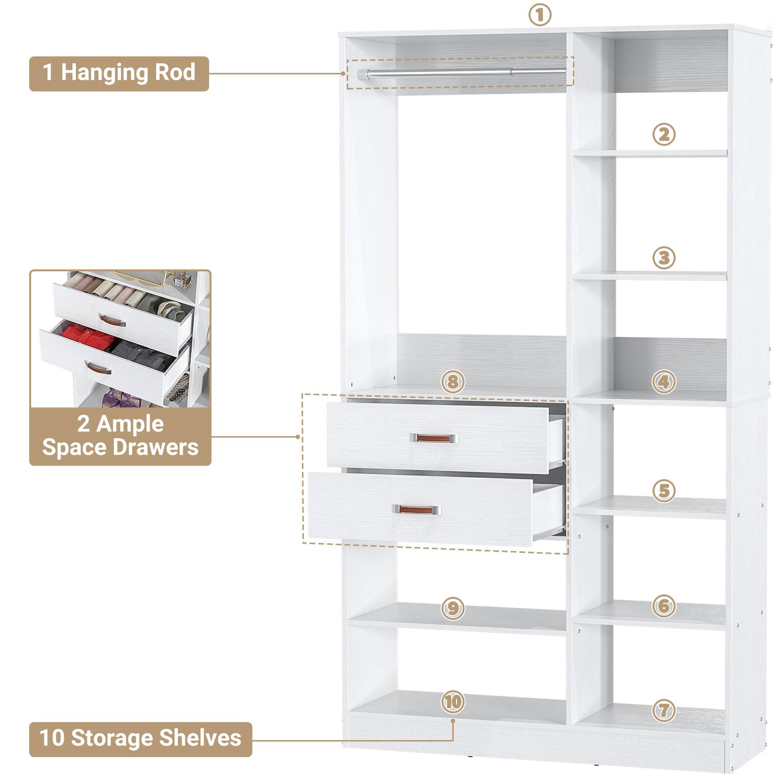 1. Hanging Rod  
2. Ample Space Drawers  
3. Storage Shelves
