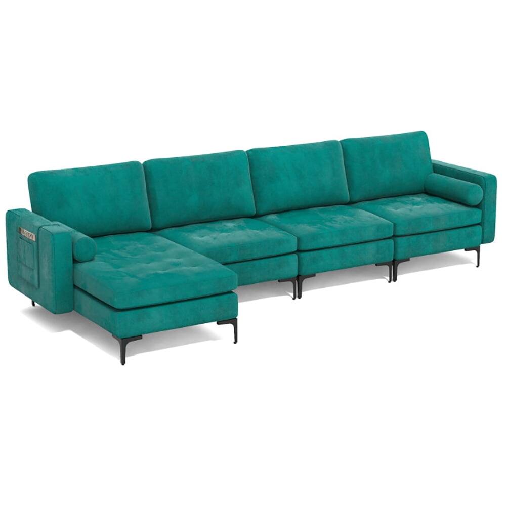Front. Kadyn - L-Shaped Sectional Sofa Couch with Socket USB Port-4-Seat L-shaped with 2 USB Ports, Sectional Sofa Couch - Green.