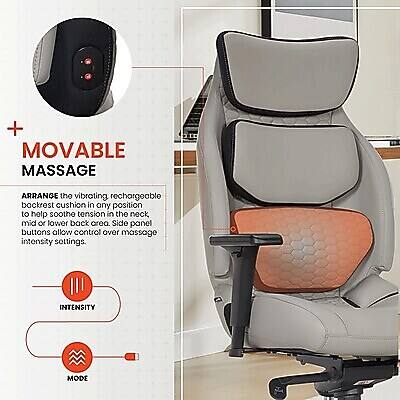 + MOVABLE MASSAGE

ARRANGE the vibrating, rechargeable backrest cushion in any position to help soothe tension in the neck, mid or lower back area. Side panel buttons allow control over massage intensity settings.

INTENSITY MODE
