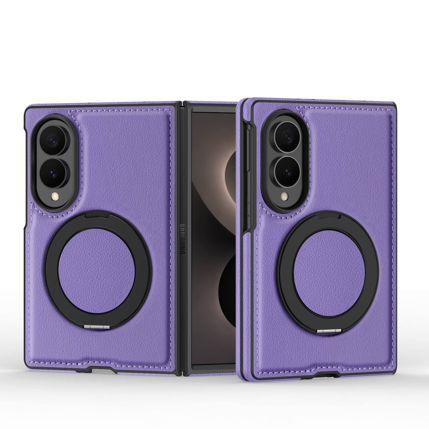 Angle. Dteck - Leather Case for Samsung Galaxy Z Fold 8,Shockproof Compatible with Mag Safe 360 Rotation Ring Kickstand Cover - Purple.