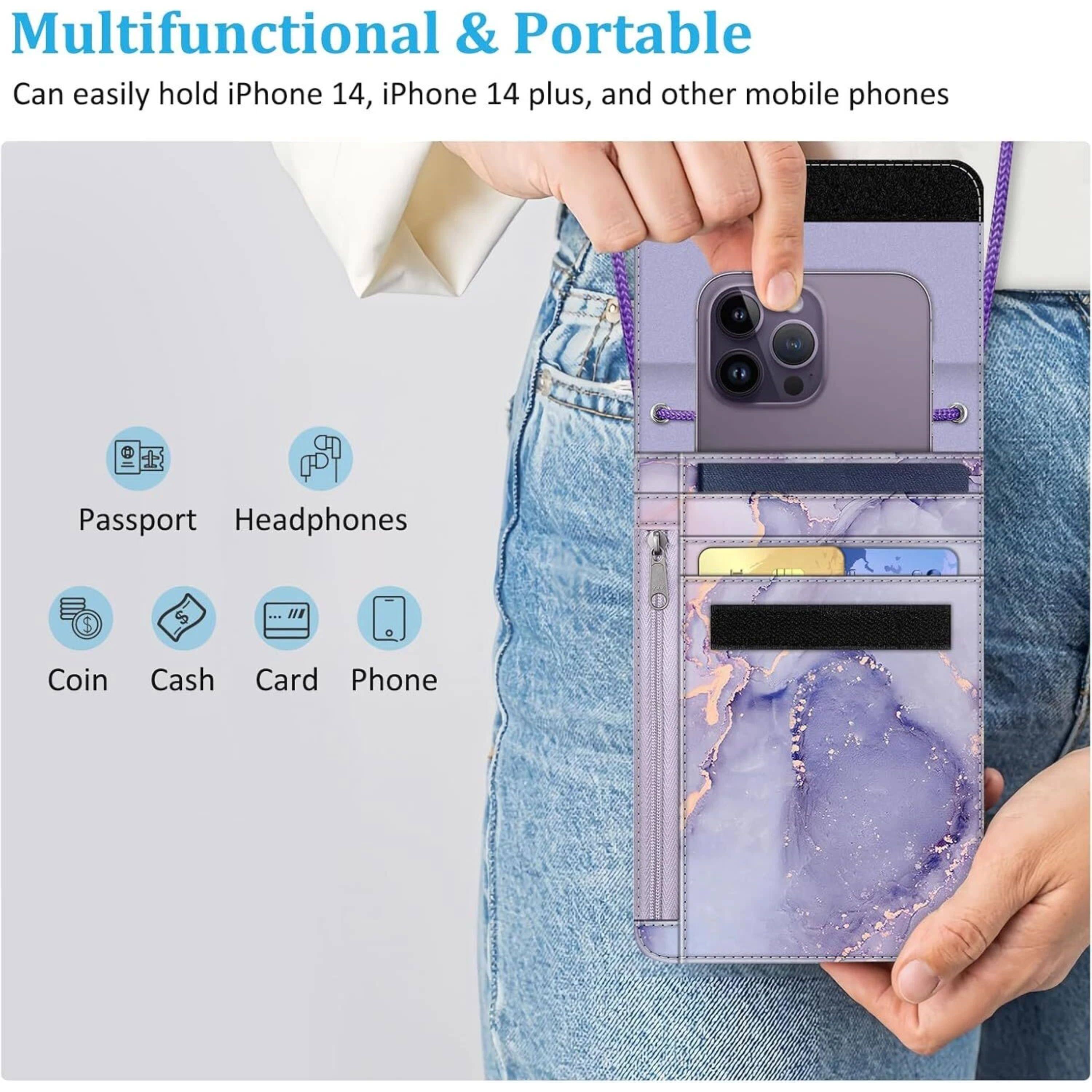 Multifunctional & Portable  
Can easily hold iPhone 14, iPhone 14 plus, and other mobile phones  

Passport  
Headphones  
Coin  
Cash  
Card  
Phone