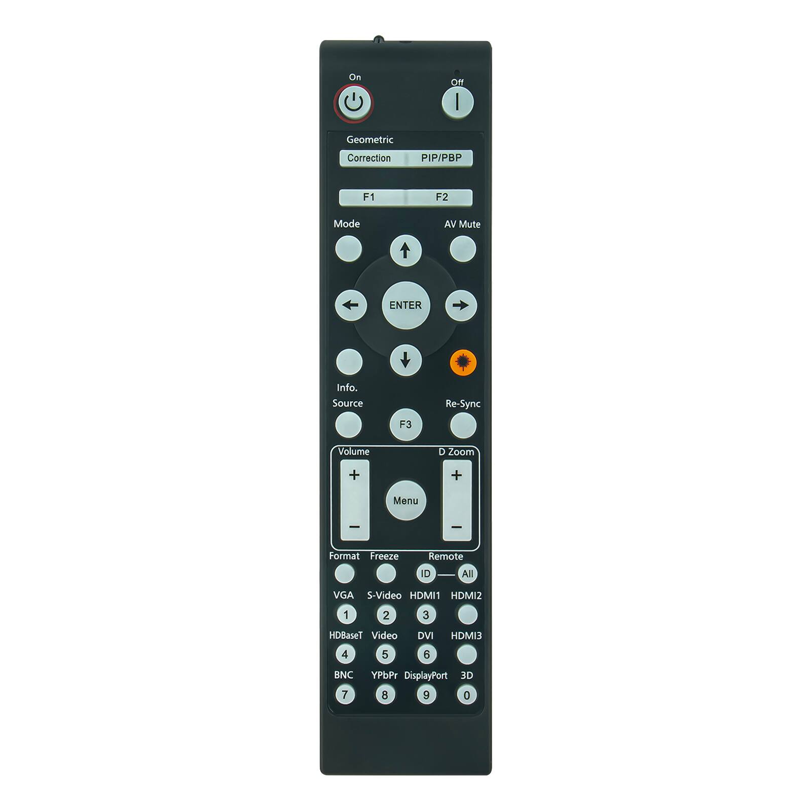 On  
Off  

Geometric Correction  
PIP/PBP  

F1  
F2  

Mode  
AV Mute  
ENTER  
Re-Sync  

Info. Source  
Volume  
Menu  

Format Freeze  
Remote ID All  

VGA  
S-Video  
HDMI1  
HDMI2  
HDMI3  
DVI  
DisplayPort  
3D  

HDBaseT  
Video  
BNC  
YPbPr  

D Zoom  

1  
2  
3  
4  
5  
6  
7  
8  
9  
0