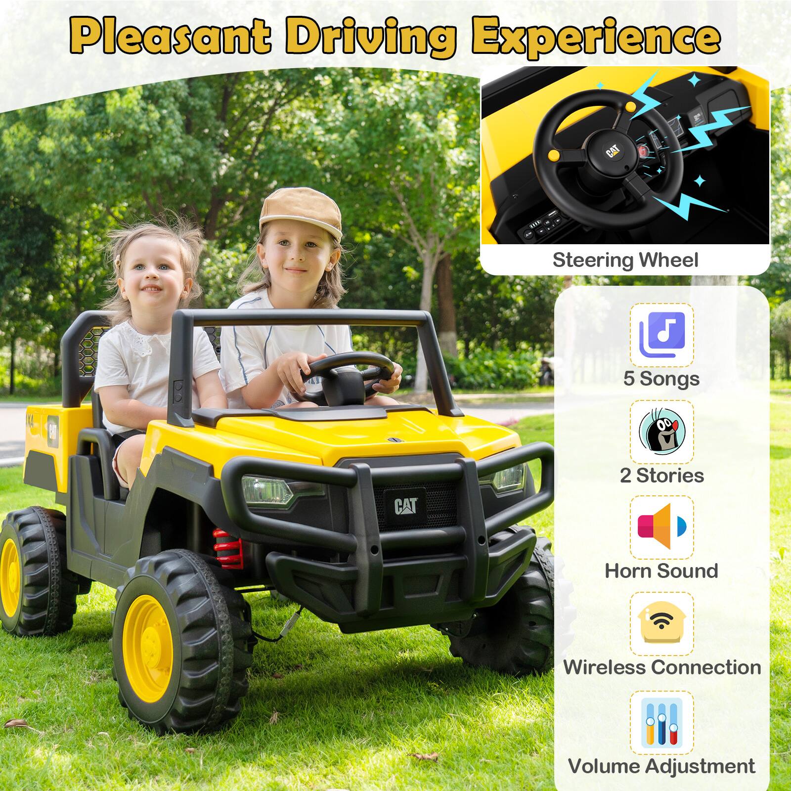 Pleasant Driving Experience

- Steering Wheel
- 5 Songs
- 2 Stories
- Horn Sound
- Wireless Connection
- Volume Adjustment