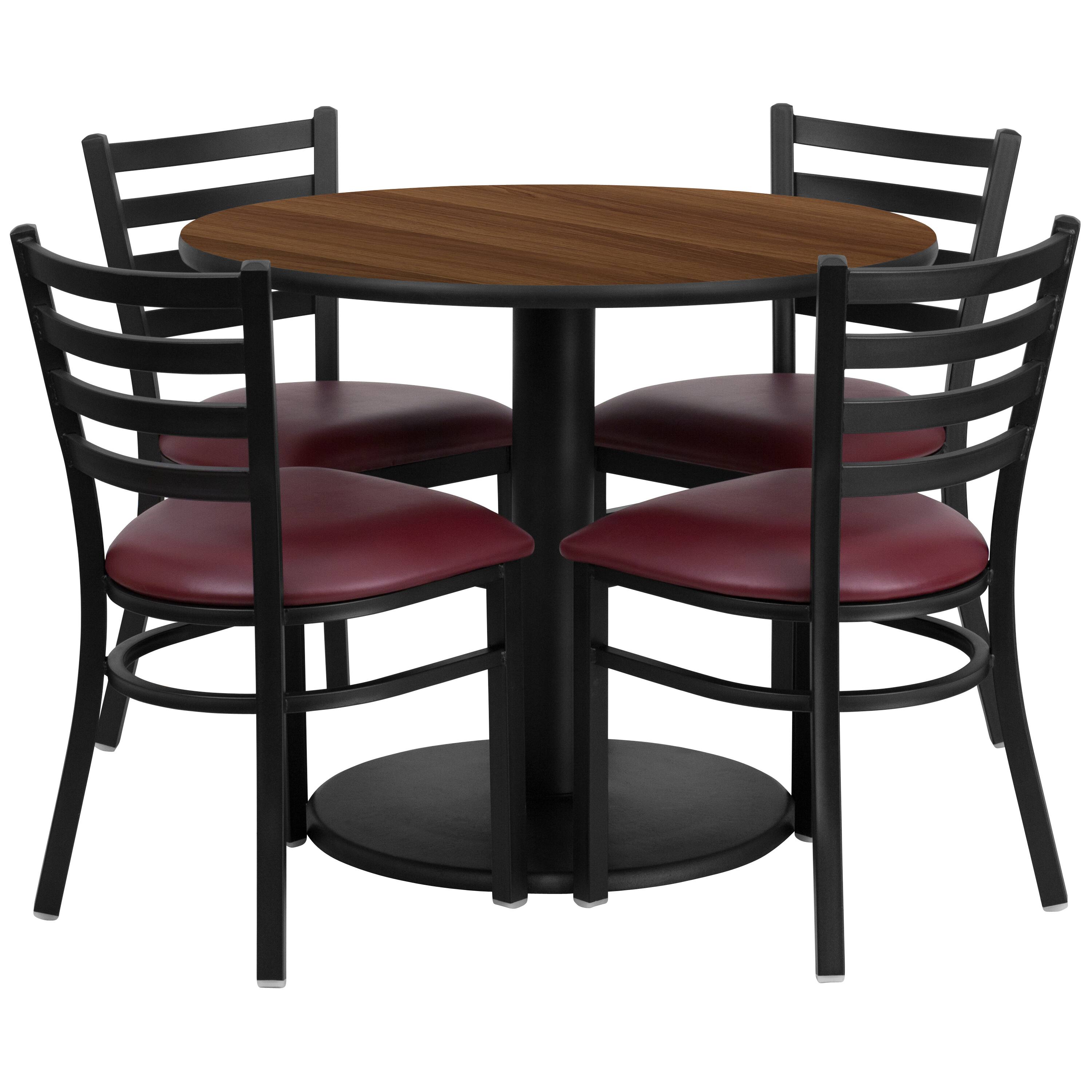 Emma + Oliver - 36" Round Laminate Table Set with 4 Ladder Back Metal Chairs - Walnut Top/Burgundy Vinyl Seat