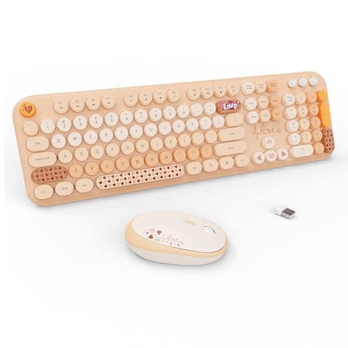 Stamp n Camp - Wireless And Mouse Cute Keyboards With Colorful 68 Keys Typewriter Retro Round Keycap For Pc Laptop Tablet Computer - LOVELY Milk Tea Colorful
