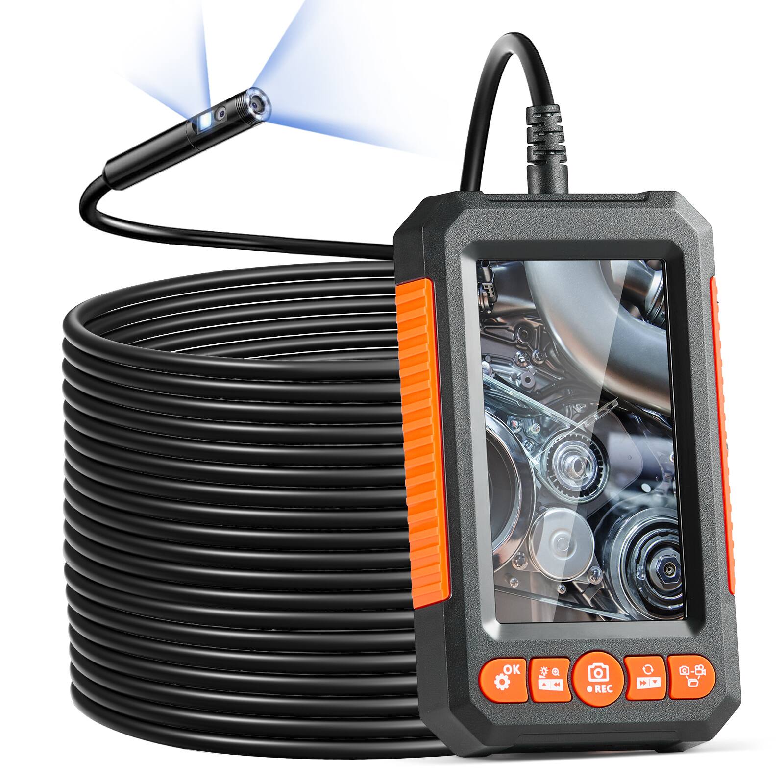 Front. VEVOR - Endoscope Camera with Light, Dual Lens Borescope with 49.2FT Semi-Rigid Cable, 4.3" Screen 1080P Inspection Camera - Black.