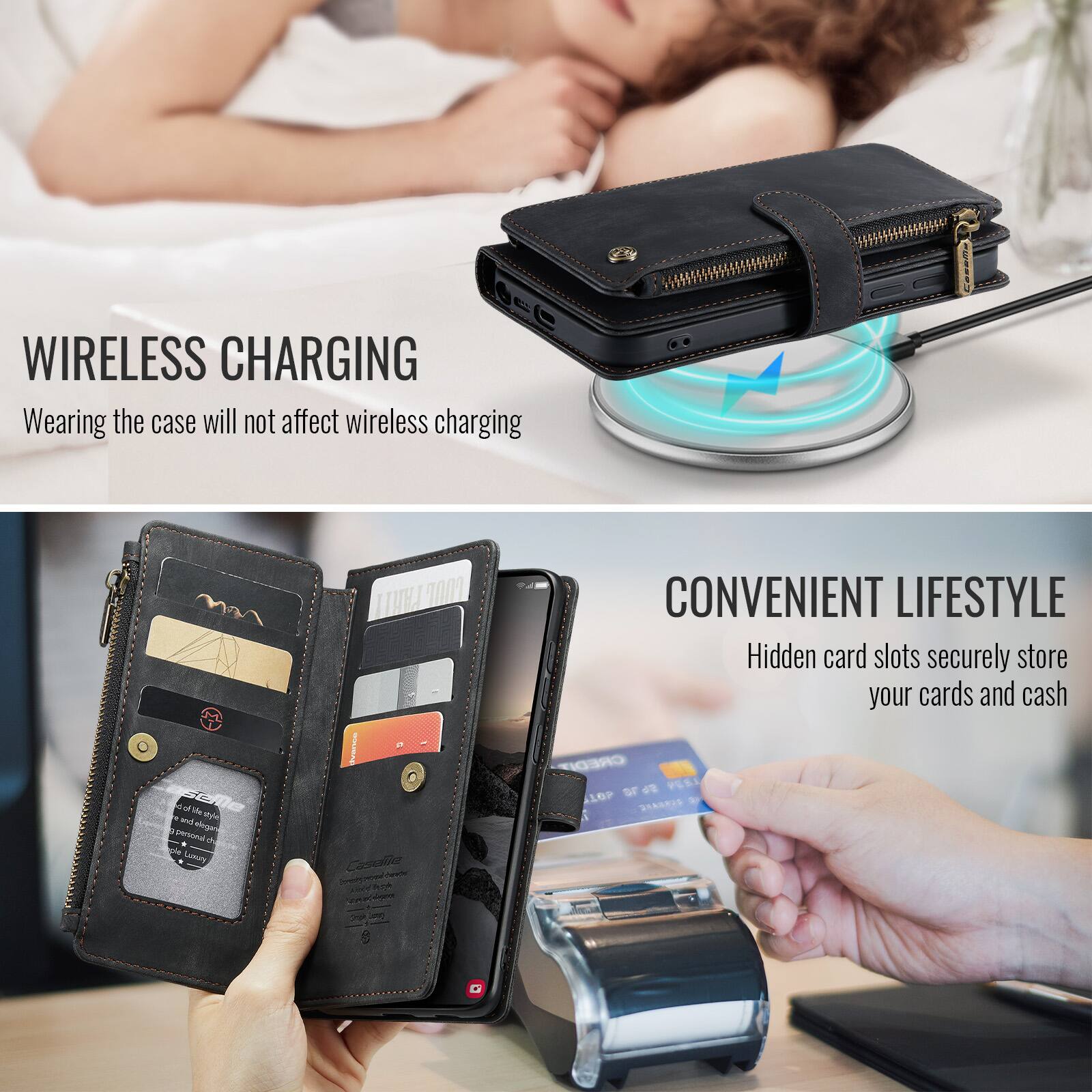 WIRELESS CHARGING  
Wearing the case will not affect wireless charging  

CONVENIENT LIFESTYLE  
Hidden card slots securely store your cards and cash