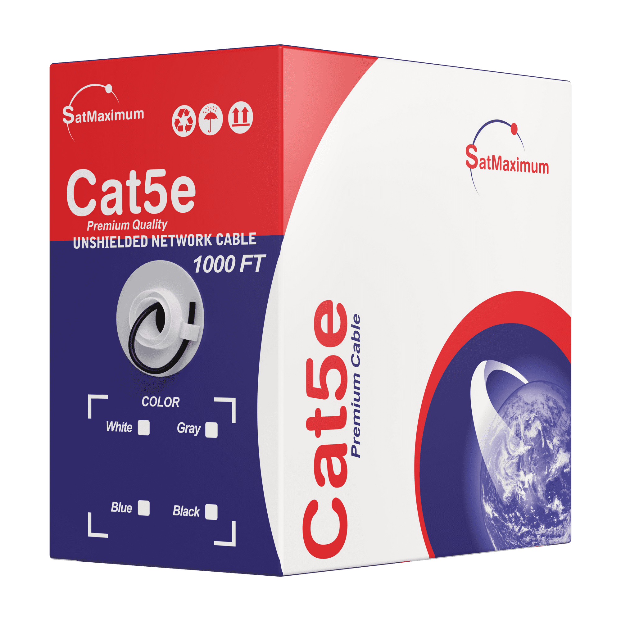 SatMaximum Cat5e Premium Quality UNSHIELDED NETWORK CABLE 1000 FT COLOR White Gray Blue Black Cable Cat5e Premium SatMaximum