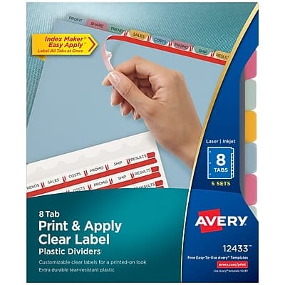Sure, here is the corrected and grouped text:

---

**Index Maker Easy Apply Laser Inkjet Label**

- **8 Tabs**
- **5 Sets**

**8 Tab Print & Apply Clear Label Plastic Dividers**
- Customizable clear labels for a printed-on look
- Extra durable tear-resistant plastic

**Avery 12433**
- Free Easy-to-Use Avery Templates
- www.avery.com/templates

**Text on the Image:**
- PROFIT SHARE TREND SALES
- COSTS
- PROMO
- SHEP
- RESULT
- RENOS
- EULTS
- 8 TABS
- SETS
- Laser Inkjet
- Customizable clear labels for a printed-on look
- Extra durable tear-resistant plastic

---